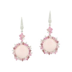 Boucles d'oreilles en goutte féminines en or 18 carats avec tourmaline rose, saphir rose et diamant blanc