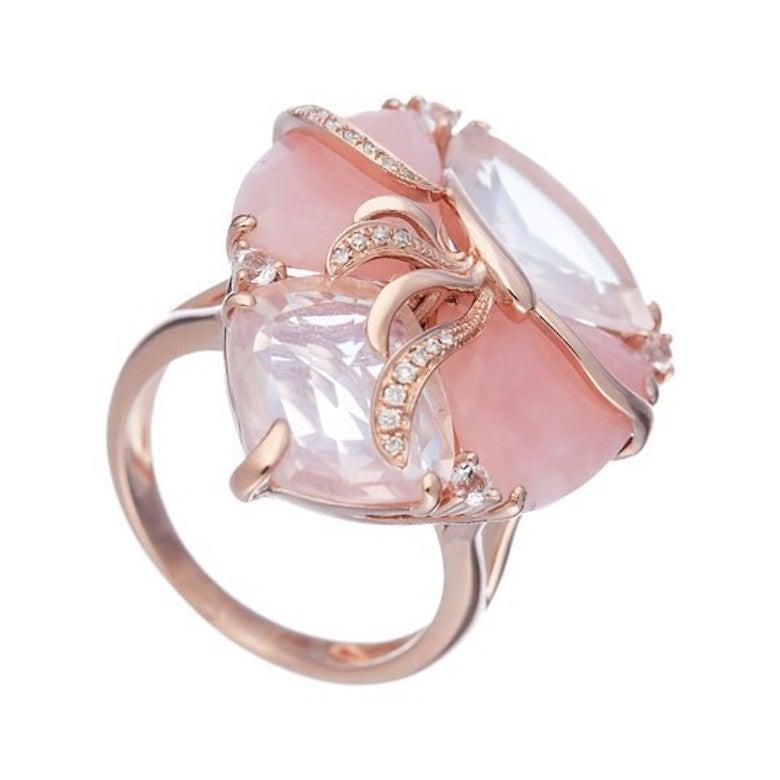 For Sale:  Feminine Topaz Pink Quartz White Diamond Opal Pink Gold Three-Stone Fancy Ring 2