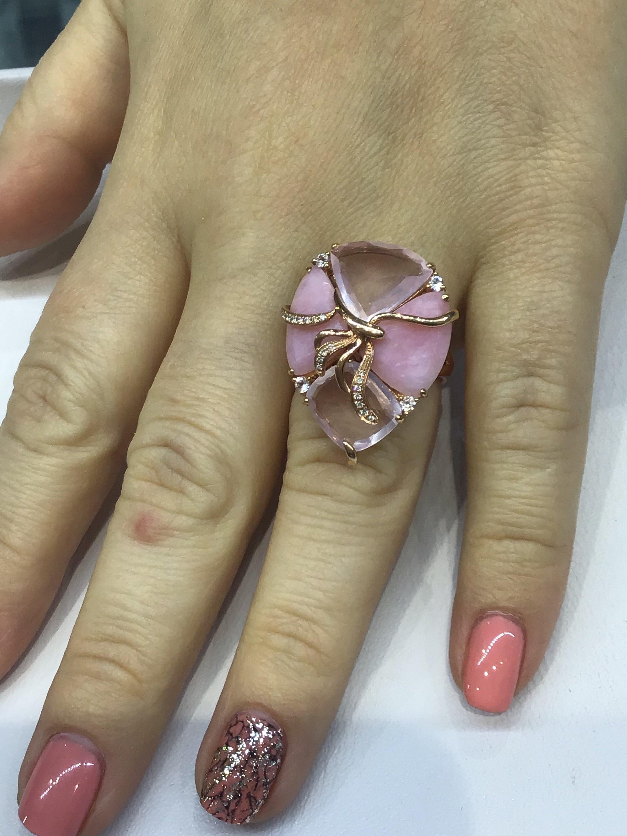 For Sale:  Feminine Topaz Pink Quartz White Diamond Opal Pink Gold Three-Stone Fancy Ring 3
