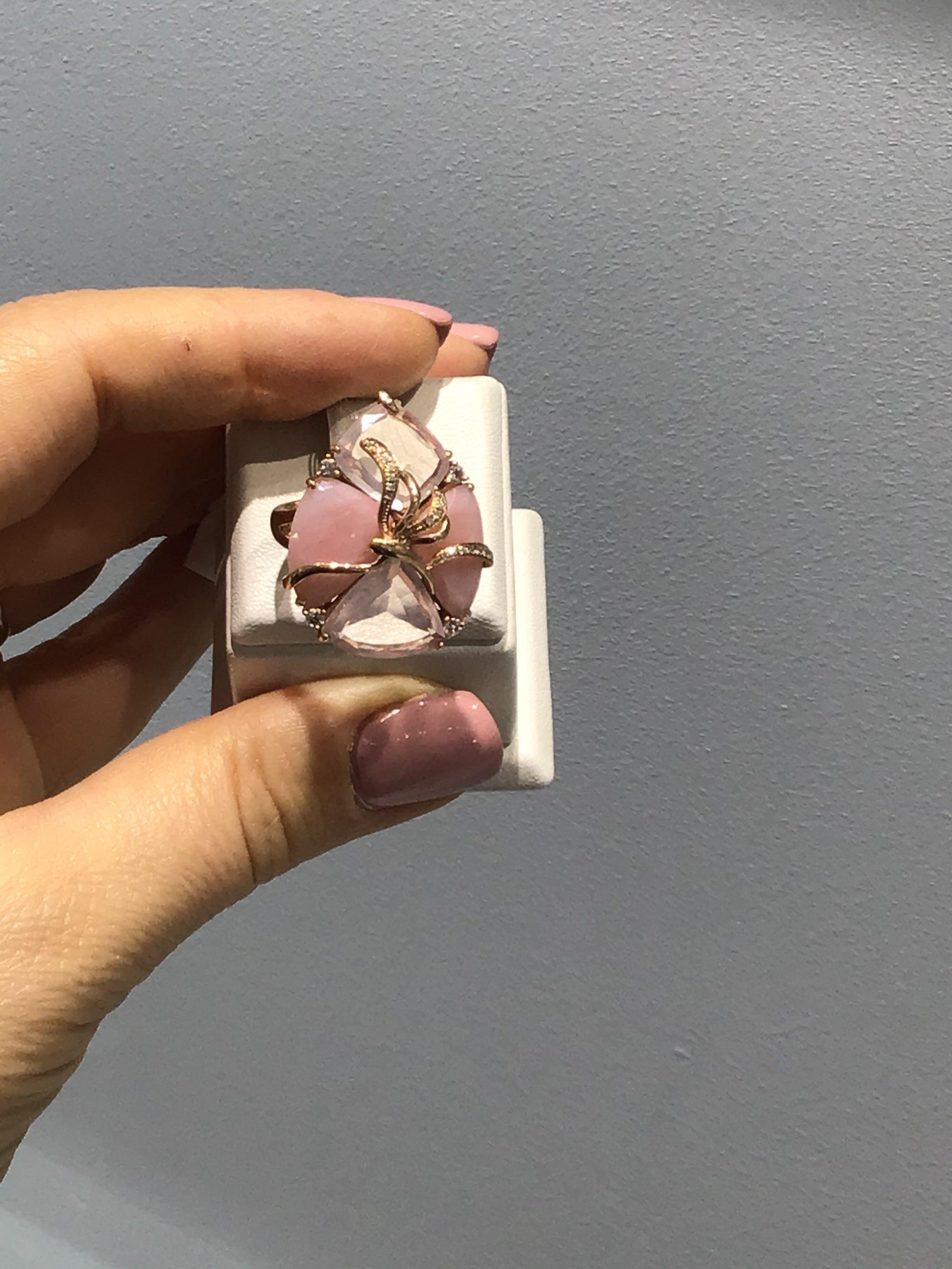 For Sale:  Feminine Topaz Pink Quartz White Diamond Opal Pink Gold Three-Stone Fancy Ring 4