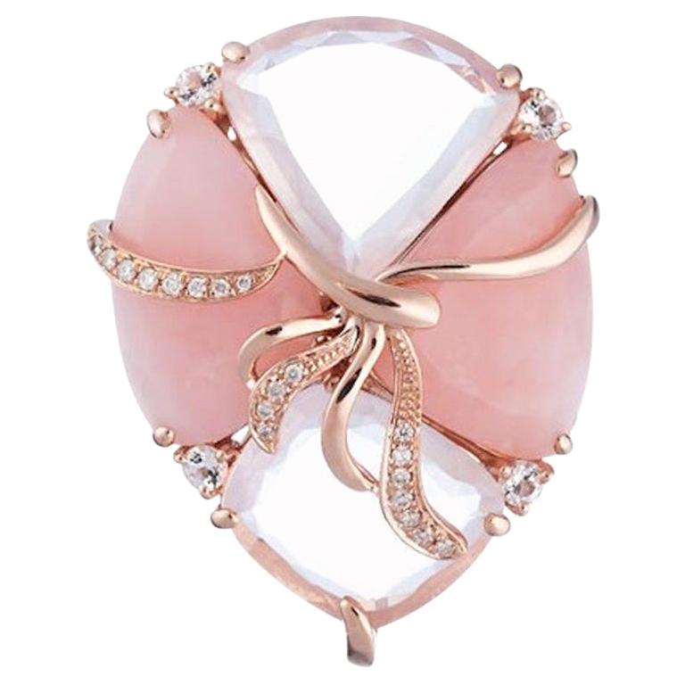 For Sale:  Feminine Topaz Pink Quartz White Diamond Opal Pink Gold Three-Stone Fancy Ring