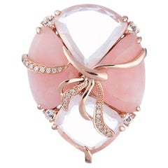 Feminine Topaz Pink Quartz White Diamond Opal Pink Gold Three-Stone Fancy Ring