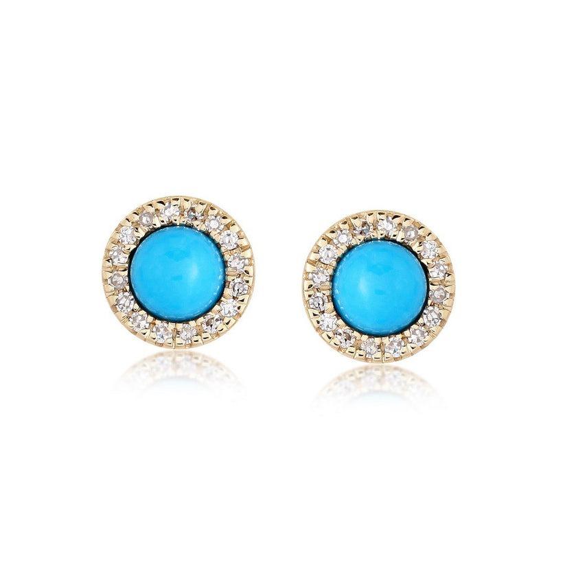 Feminine Turquoise 14K (or 18k upon request) Yellow Gold Diamond Stud Earrings In New Condition For Sale In Los Angeles, CA