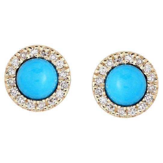 Feminine Turquoise 14K Yellow Gold Diamond Stud Earrings