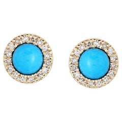 Feminine Turquoise 14K Yellow Gold Diamond Stud Earrings