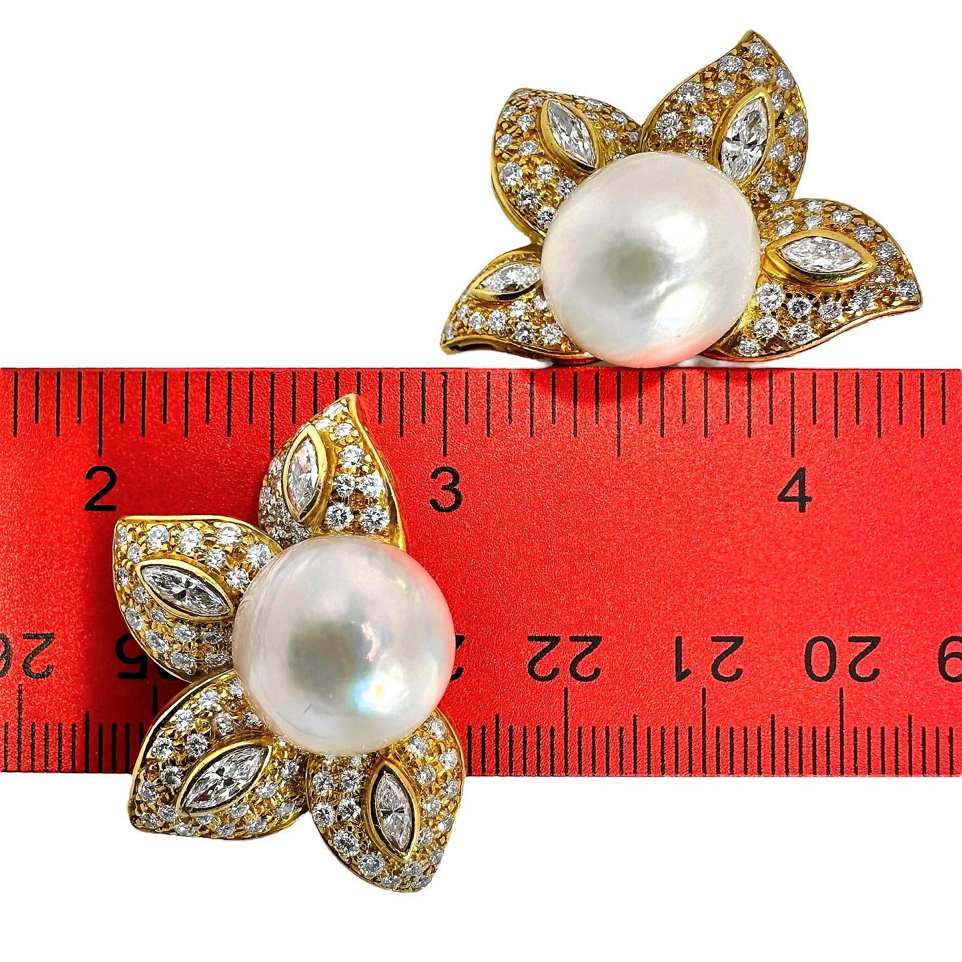 Modern Feminine Vintage Earrings in 18k Yellow Gold, Diamonds, & South Sea Pearls For Sale