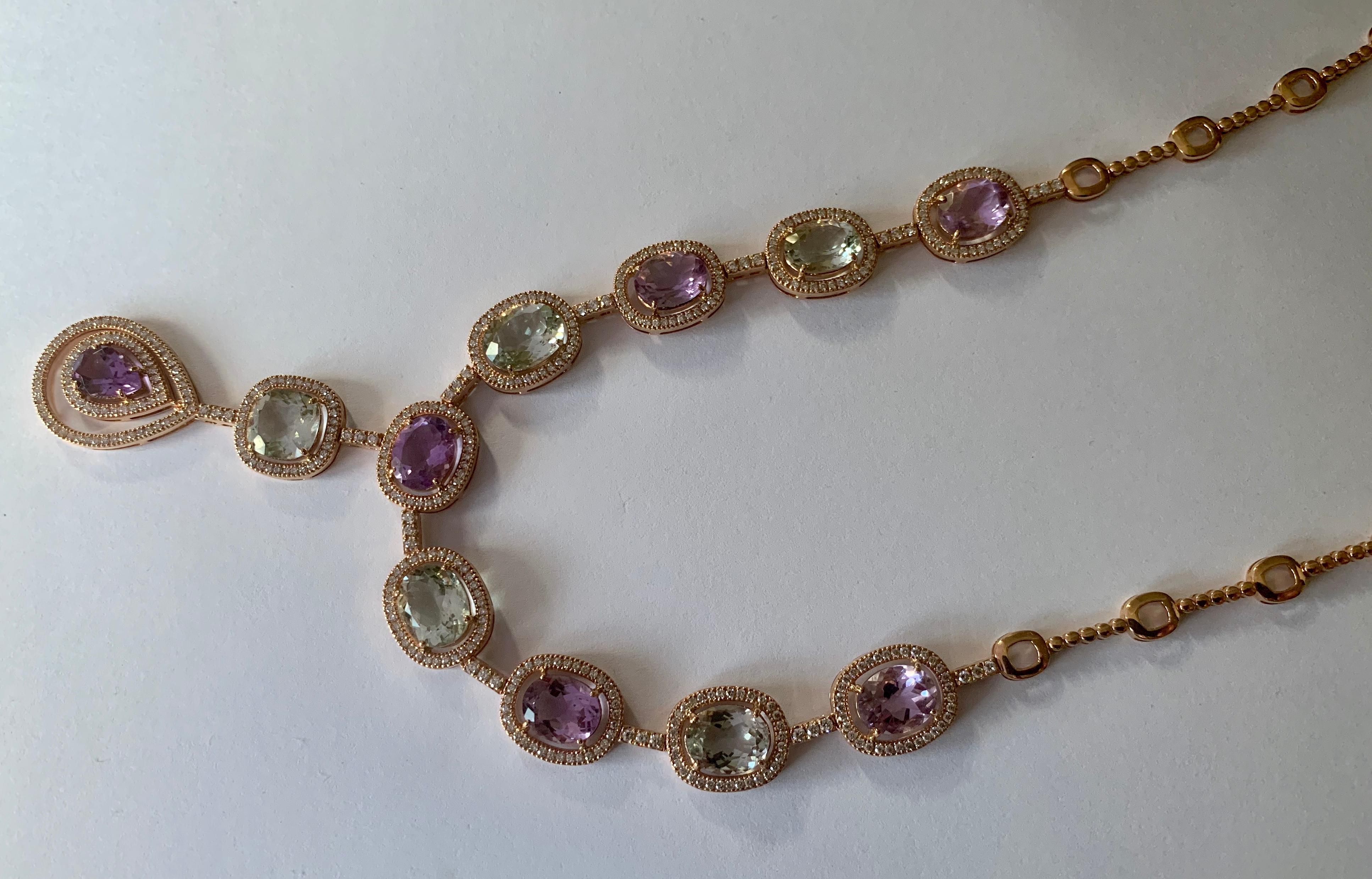 Feminine and romantic Y Necklace in Pink Gold Amethyst and Diamonds For Sale 1
