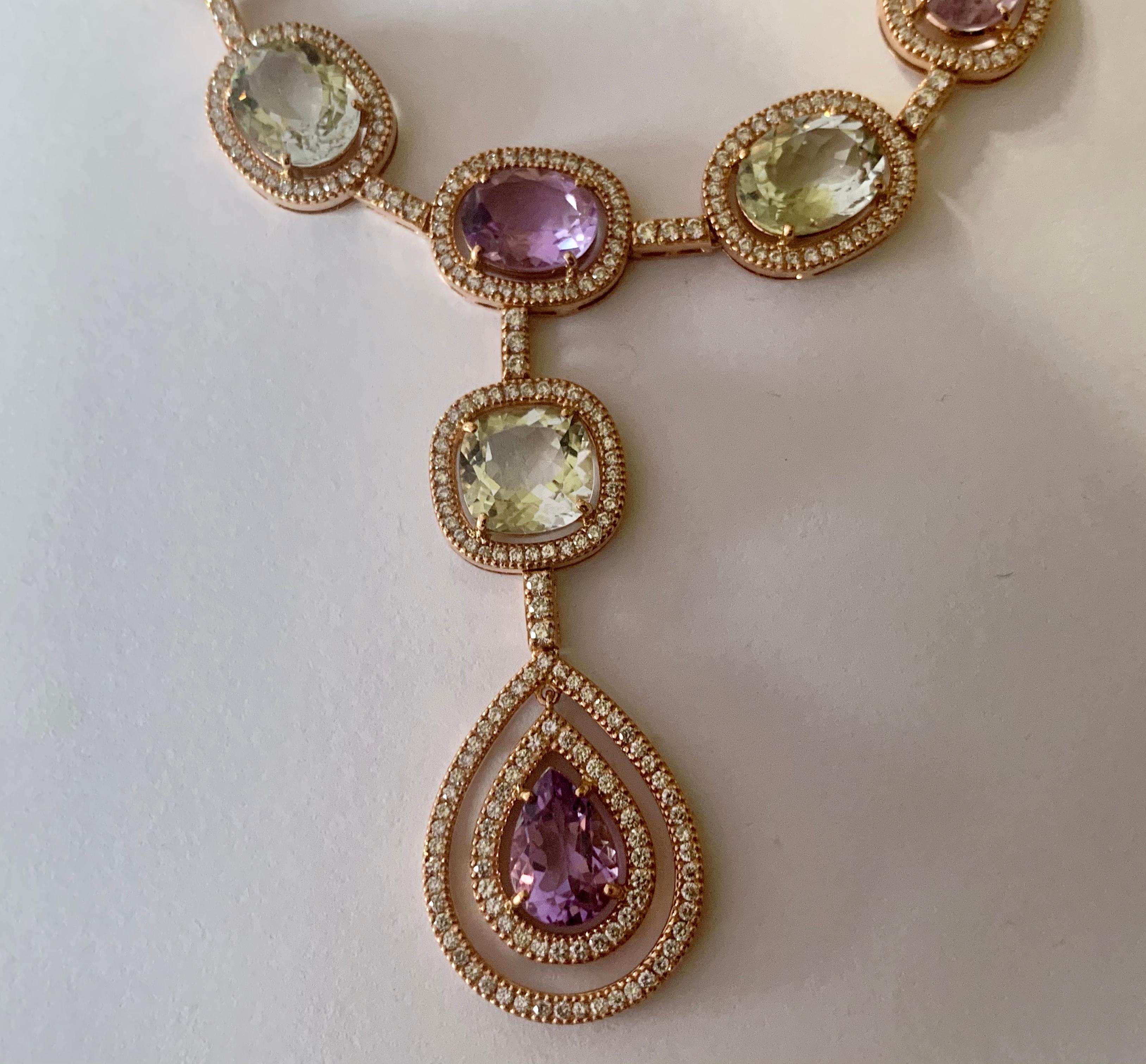 Round Cut Feminine and romantic Y Necklace in Pink Gold Amethyst and Diamonds For Sale