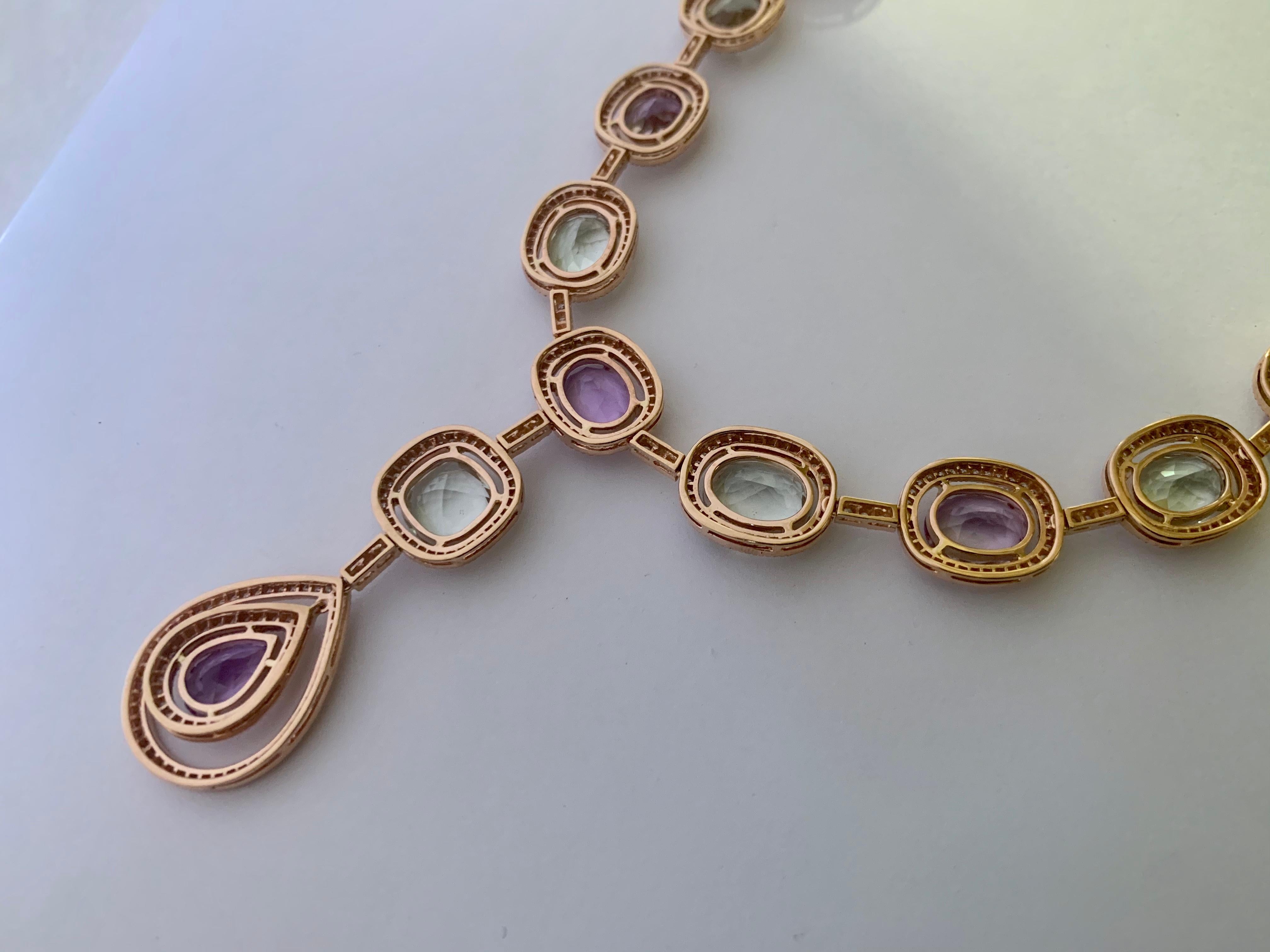 Women's Feminine and romantic Y Necklace in Pink Gold Amethyst and Diamonds For Sale