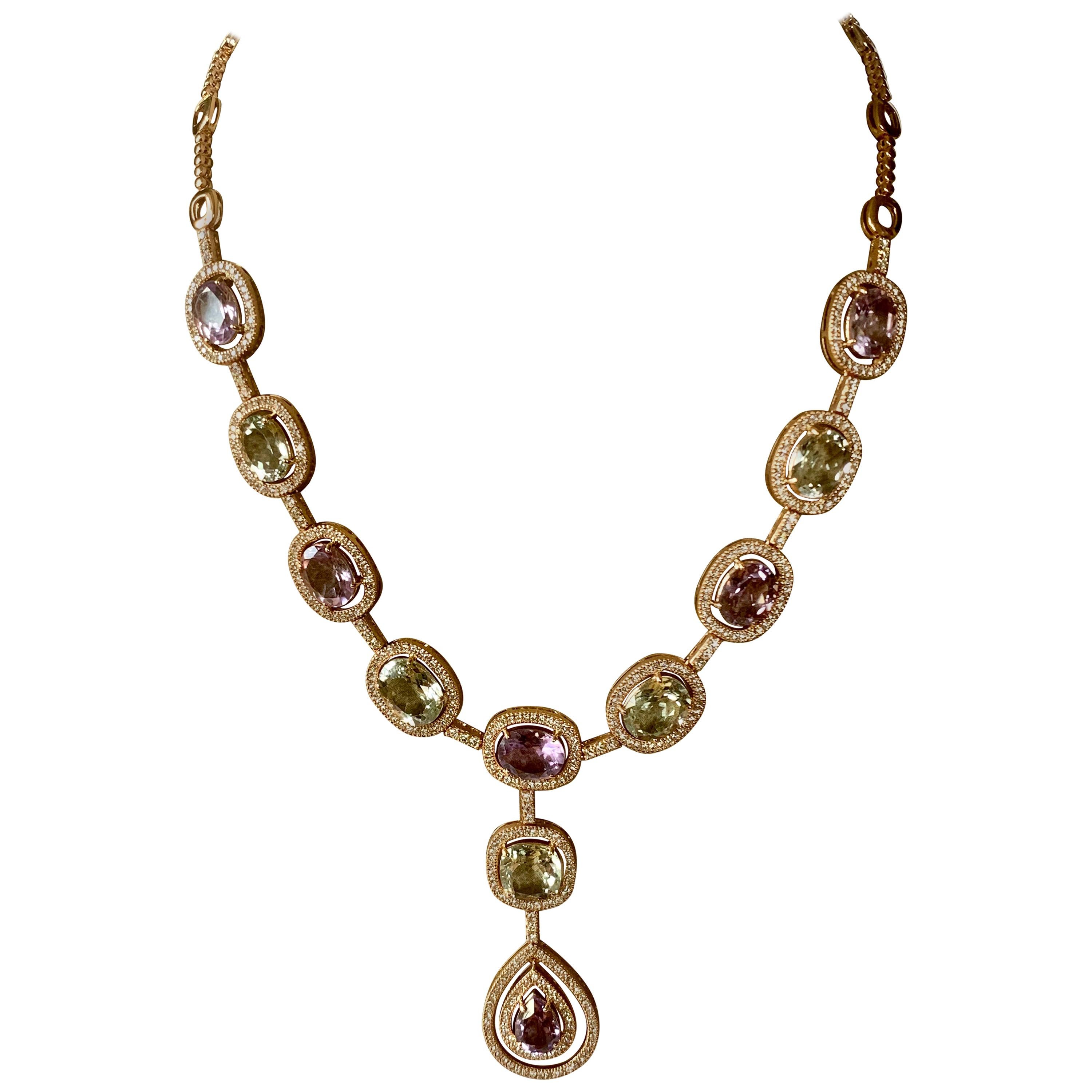 Feminine and romantic Y Necklace in Pink Gold Amethyst and Diamonds For Sale