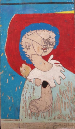 "Femme à la collerette blanche sur fond rouge et bleu, 1972" by Pierre Courtens