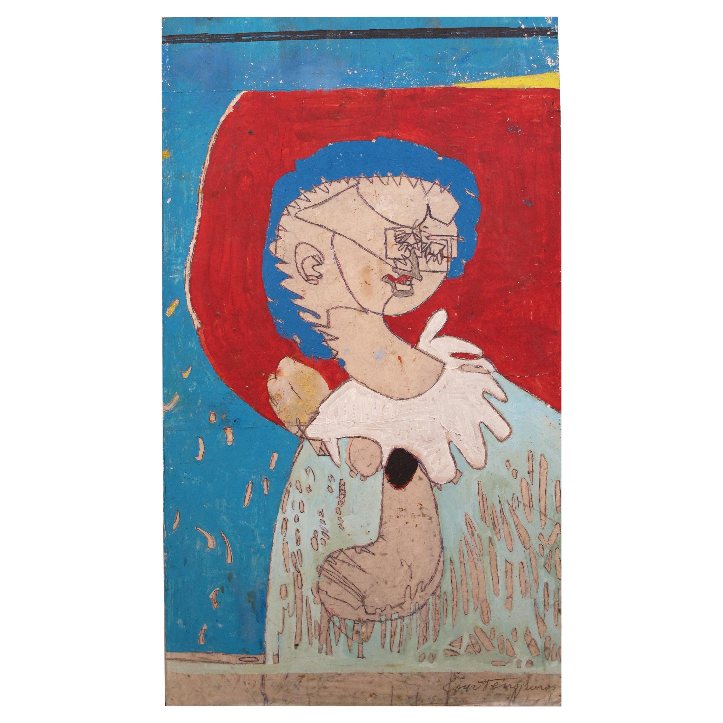 "Femme à la collerette blanche sur fond rouge et bleu, 1972" by Pierre Courtens For Sale