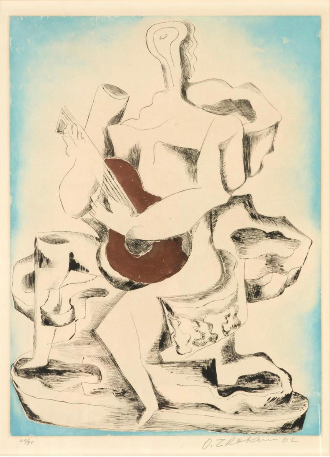Etching and aquatint on paper, nicely matted and framed.  Edition 28 of 90, signed and dated in pencil lower right.  Cubist work featuring a girl and her guitar.  
Ossip Zadkine 1888 - 1967
Painter and sculptor Ossip Zadkine was born in Vitebsk, in