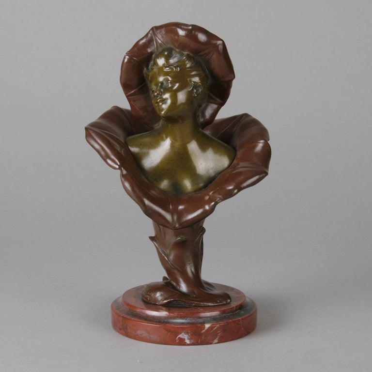 French “Femme Fleur” Art Nouveau Bronze Bust by Henri Godet, circa 1920 For Sale