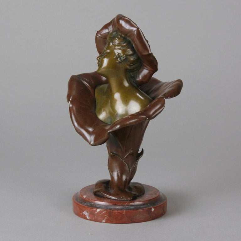 Cast “Femme Fleur” Art Nouveau Bronze Bust by Henri Godet, circa 1920 For Sale