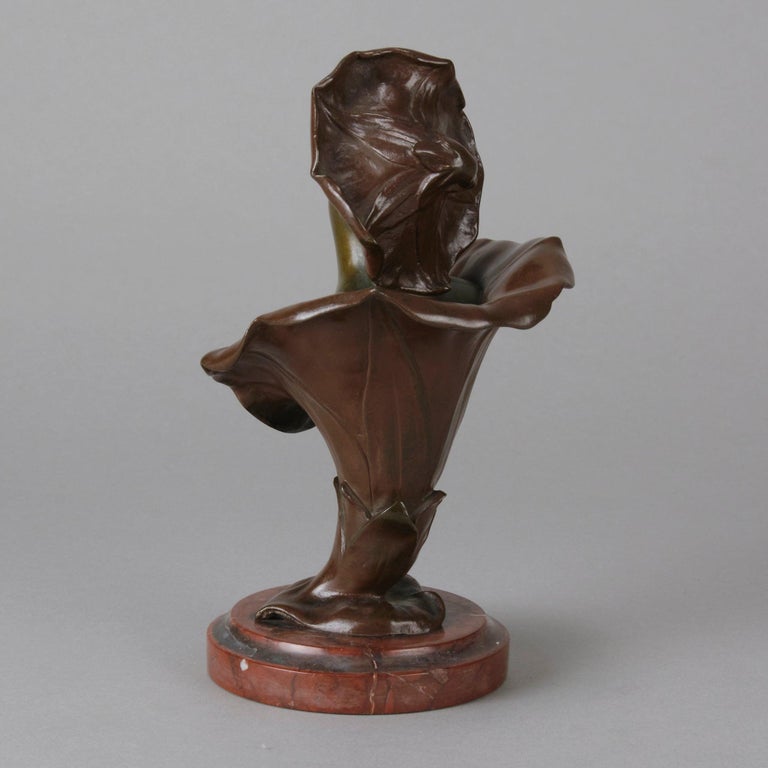 20th Century “Femme Fleur” Art Nouveau Bronze Bust by Henri Godet, circa 1920 For Sale