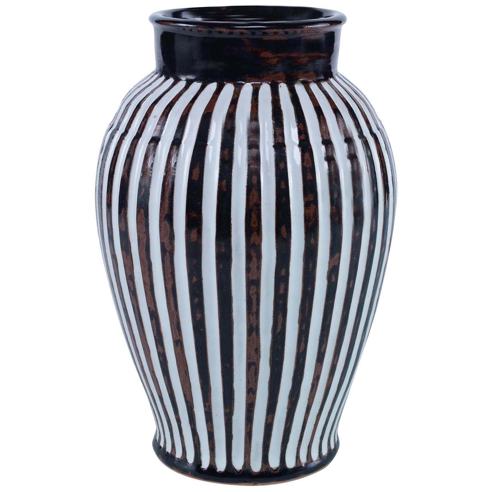 Fen Handmade Stoneware Vase with Brown and White Stripes by CuratedKravet