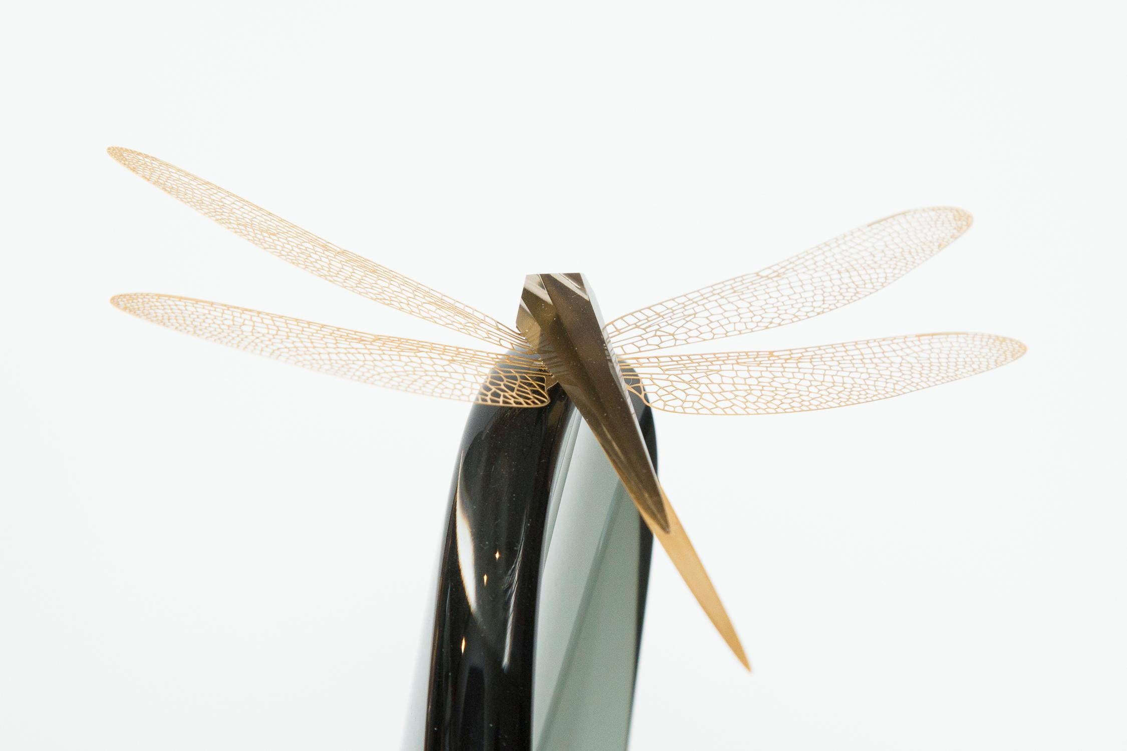 Modern Fen III, a unique smokey grey glass sculpture with dragonflies by Hanne Enemark