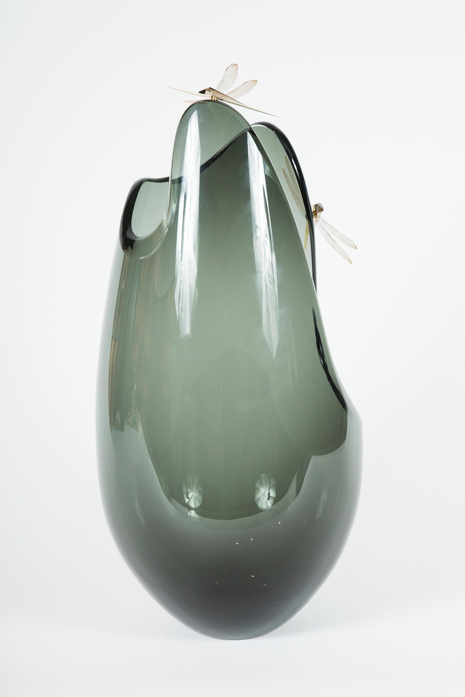 British Fen III, a unique smokey grey glass sculpture with dragonflies by Hanne Enemark