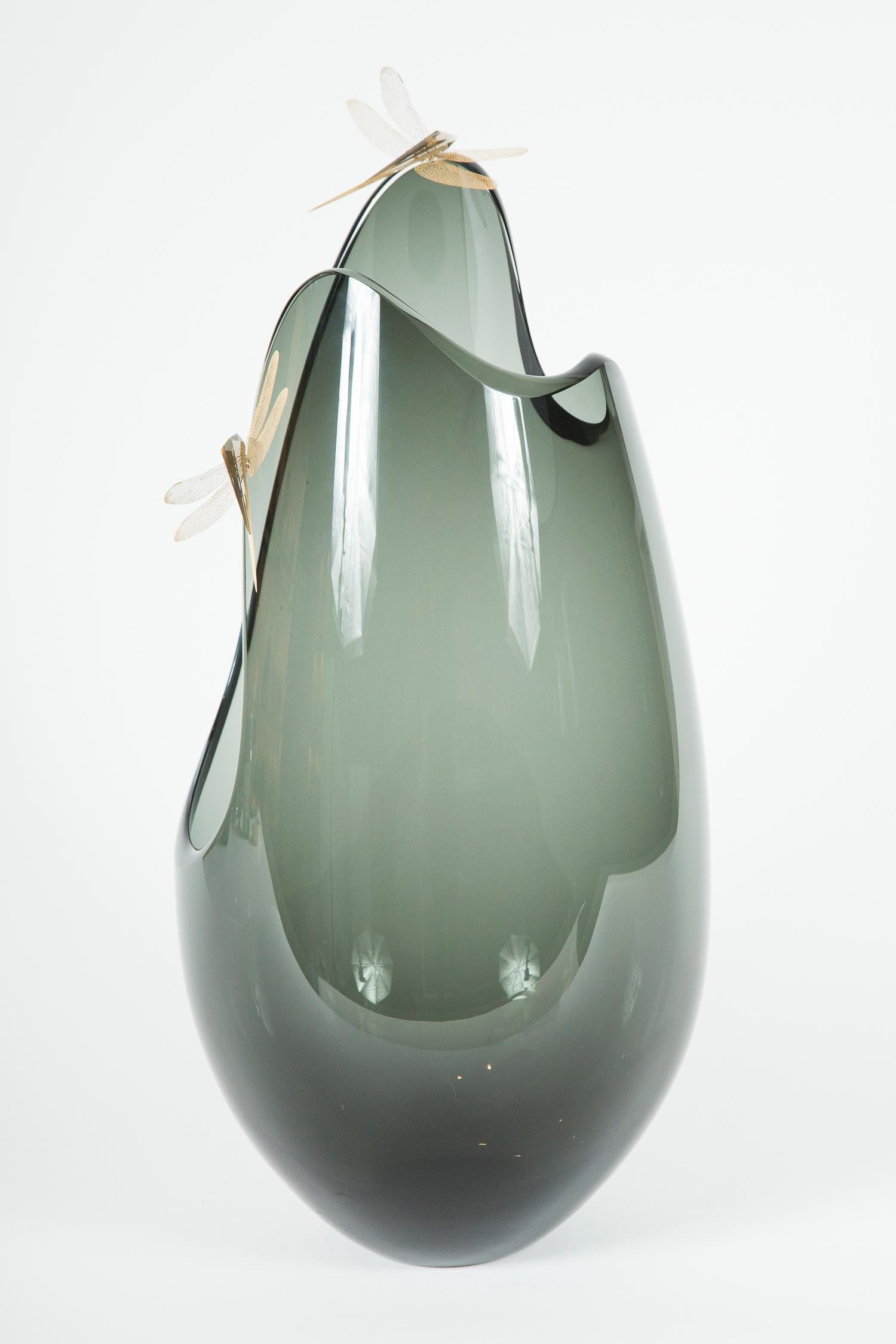 Contemporary Fen III, a unique smokey grey glass sculpture with dragonflies by Hanne Enemark