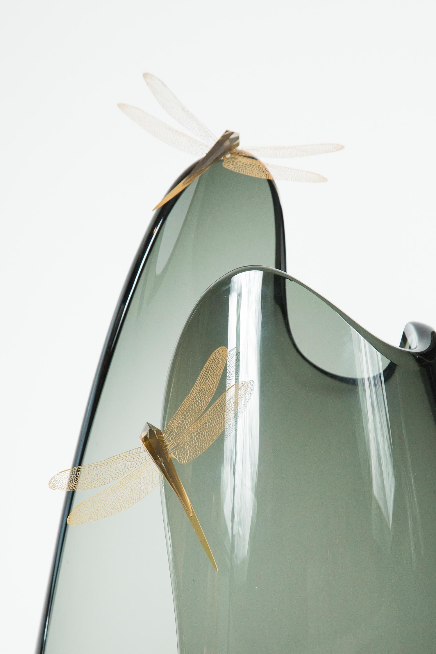 Art Glass Fen III, a unique smokey grey glass sculpture with dragonflies by Hanne Enemark