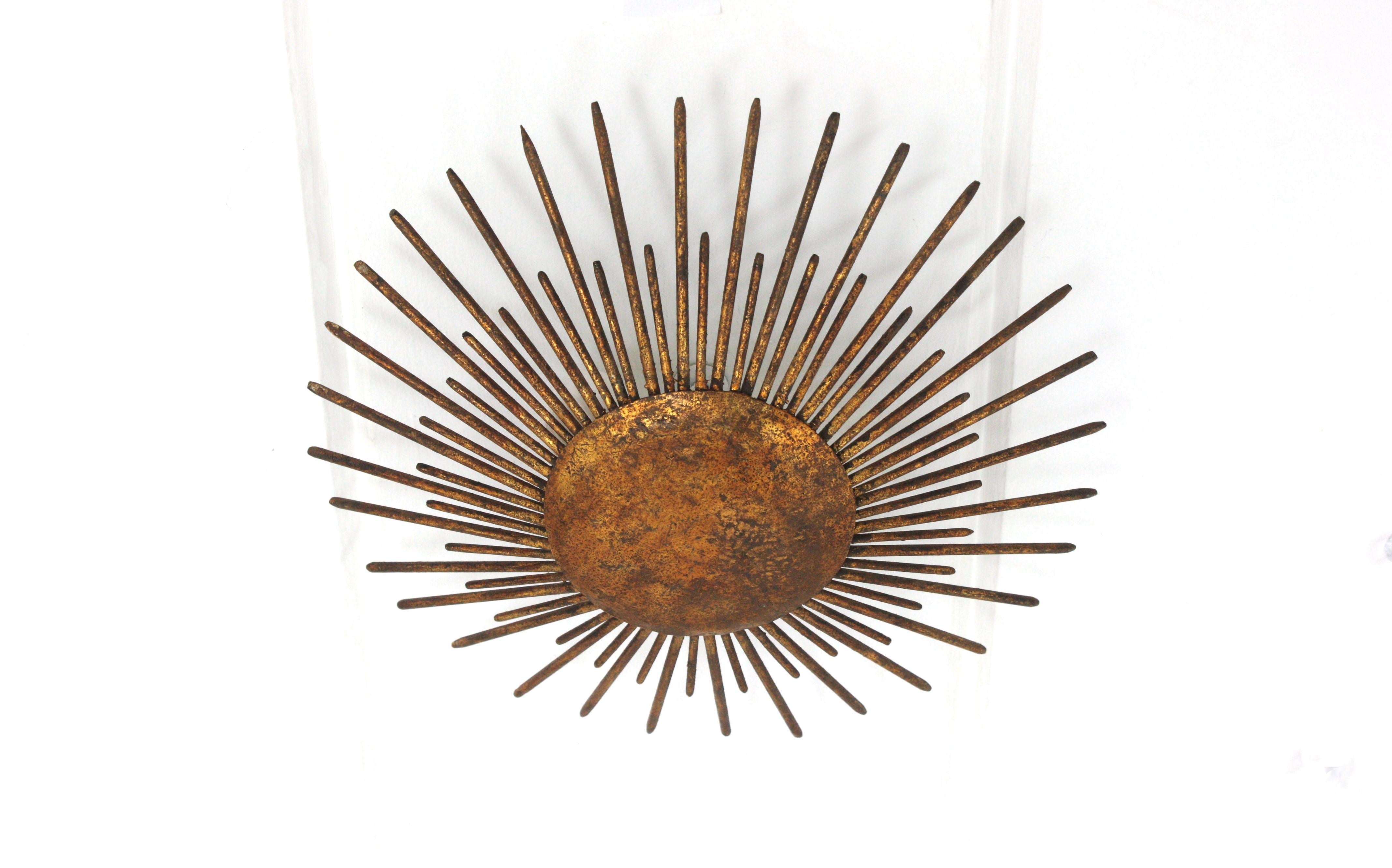 Fench Sunburst Ceiling Light Fixture / Pendant, Gilt Wrought Iron, 1940s 5