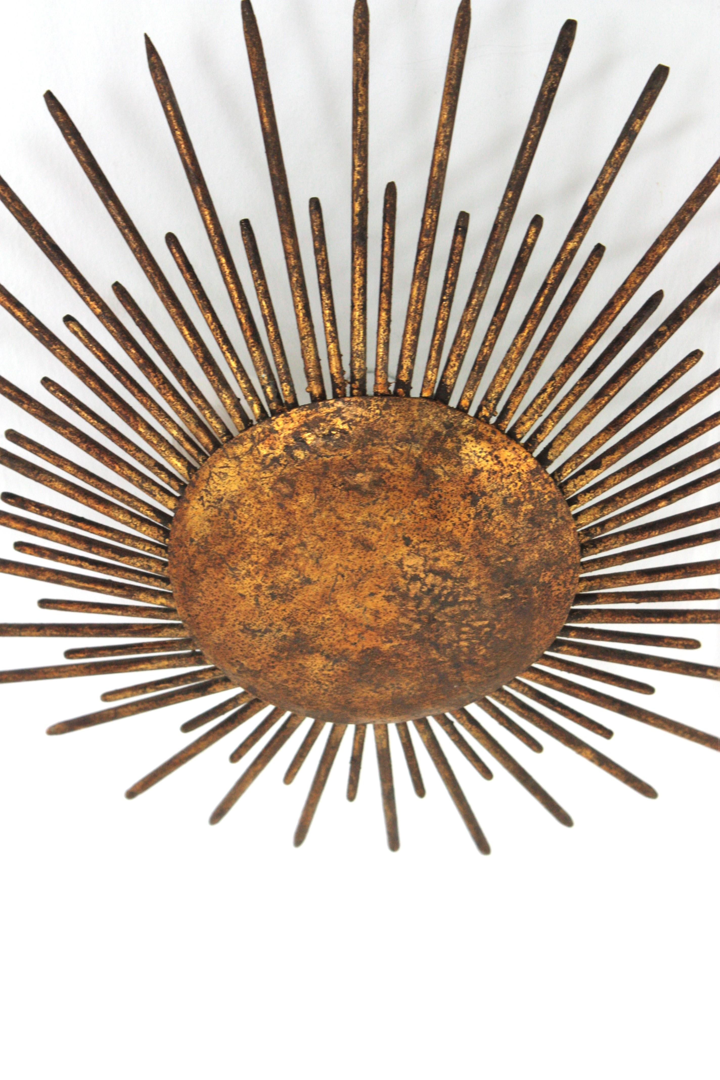 Fench Sunburst Ceiling Light Fixture / Pendant, Gilt Wrought Iron, 1940s 6