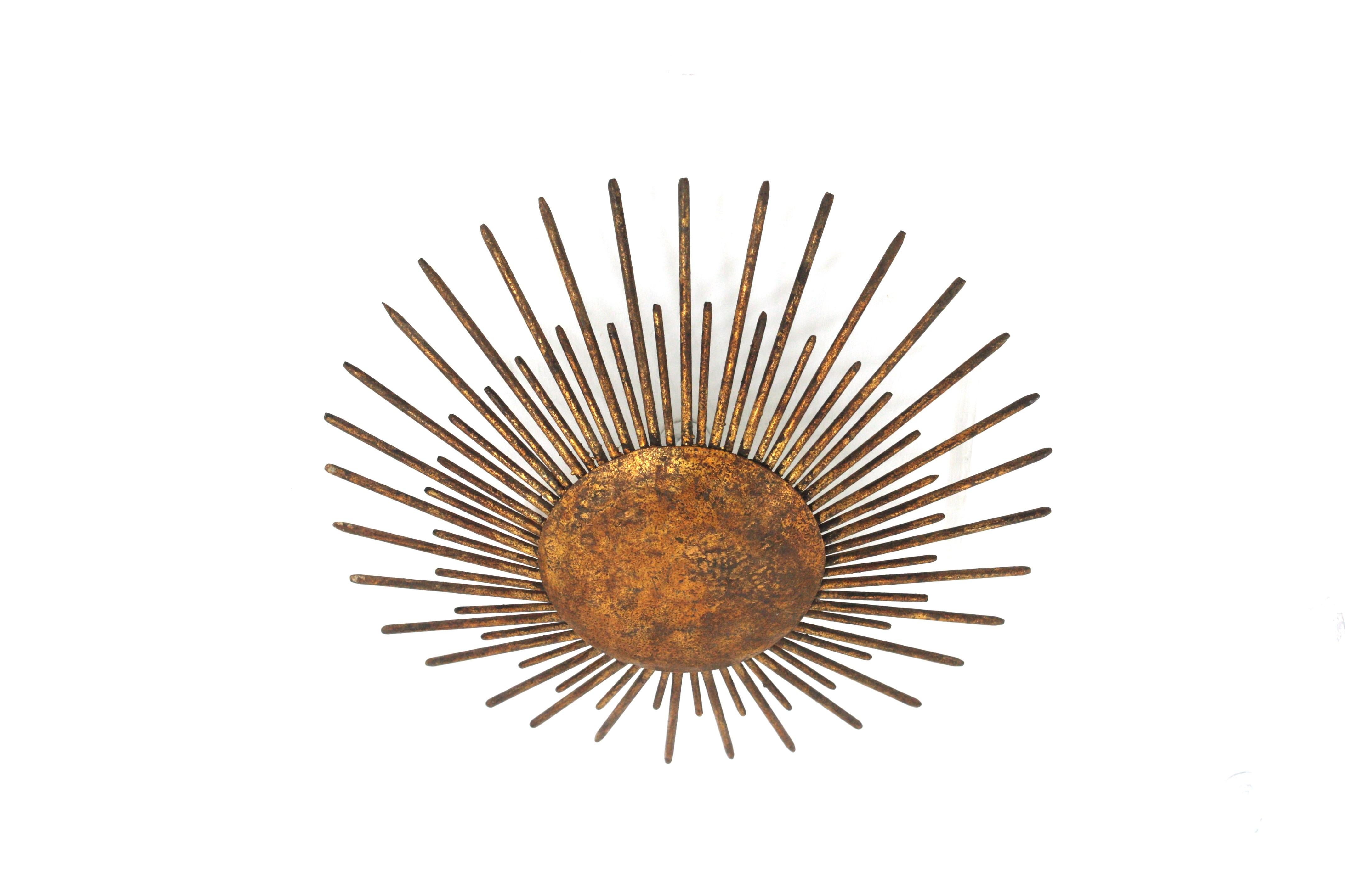 Fench Sunburst Ceiling Light Fixture / Pendant, Gilt Wrought Iron, 1940s 7