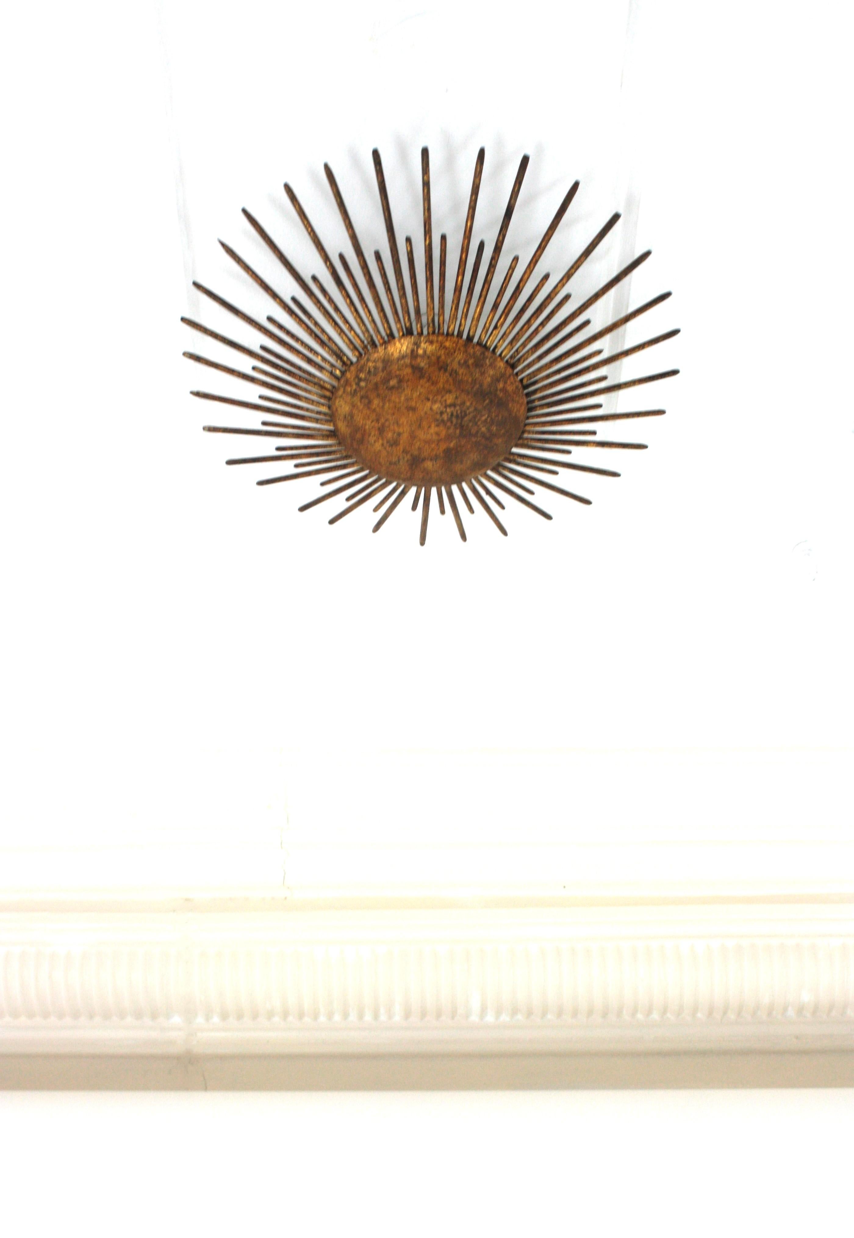 Fench Sunburst Ceiling Light Fixture / Pendant, Gilt Wrought Iron, 1940s 8
