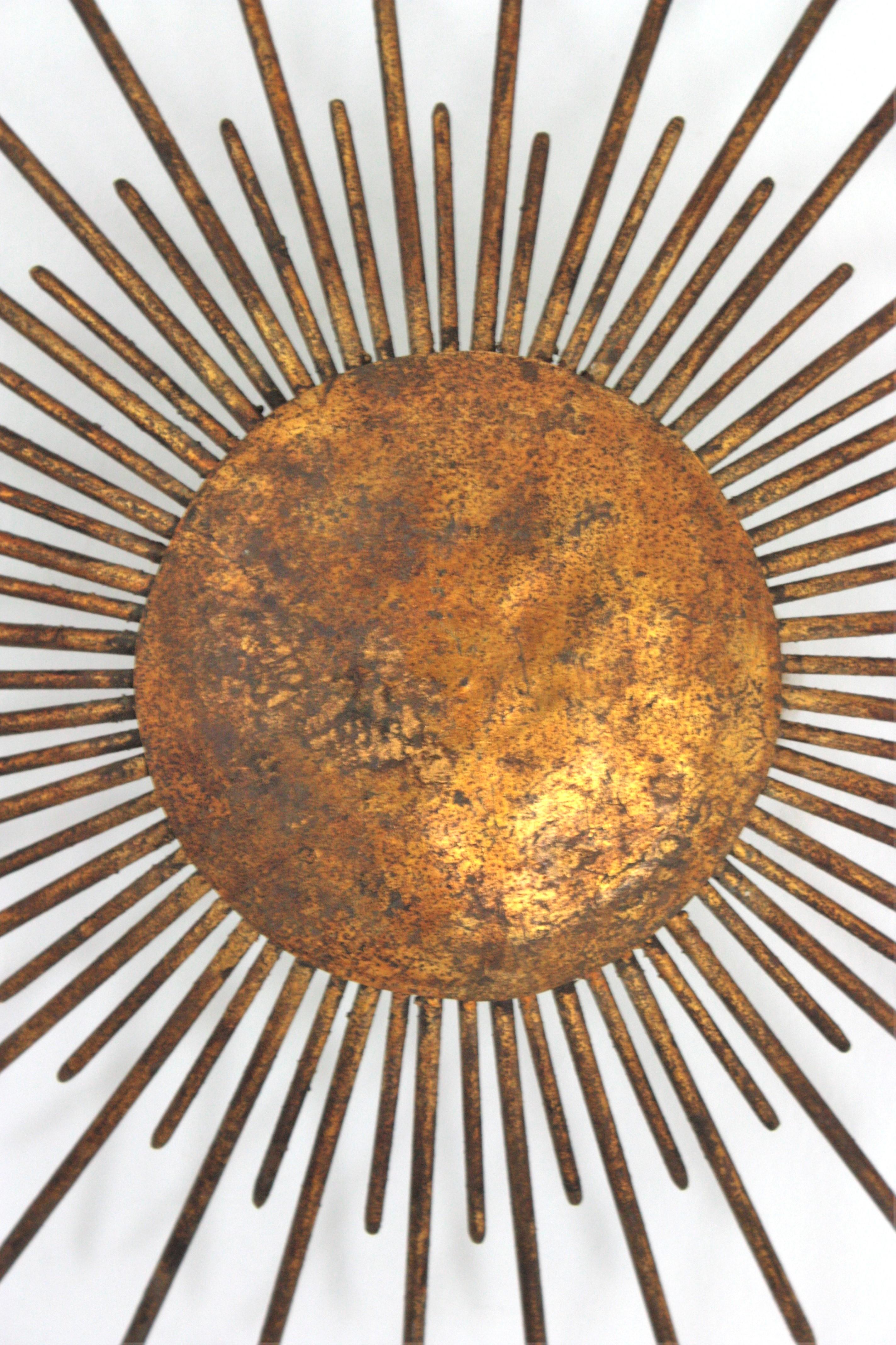 Fench Sunburst Ceiling Light Fixture / Pendant, Gilt Wrought Iron, 1940s 9