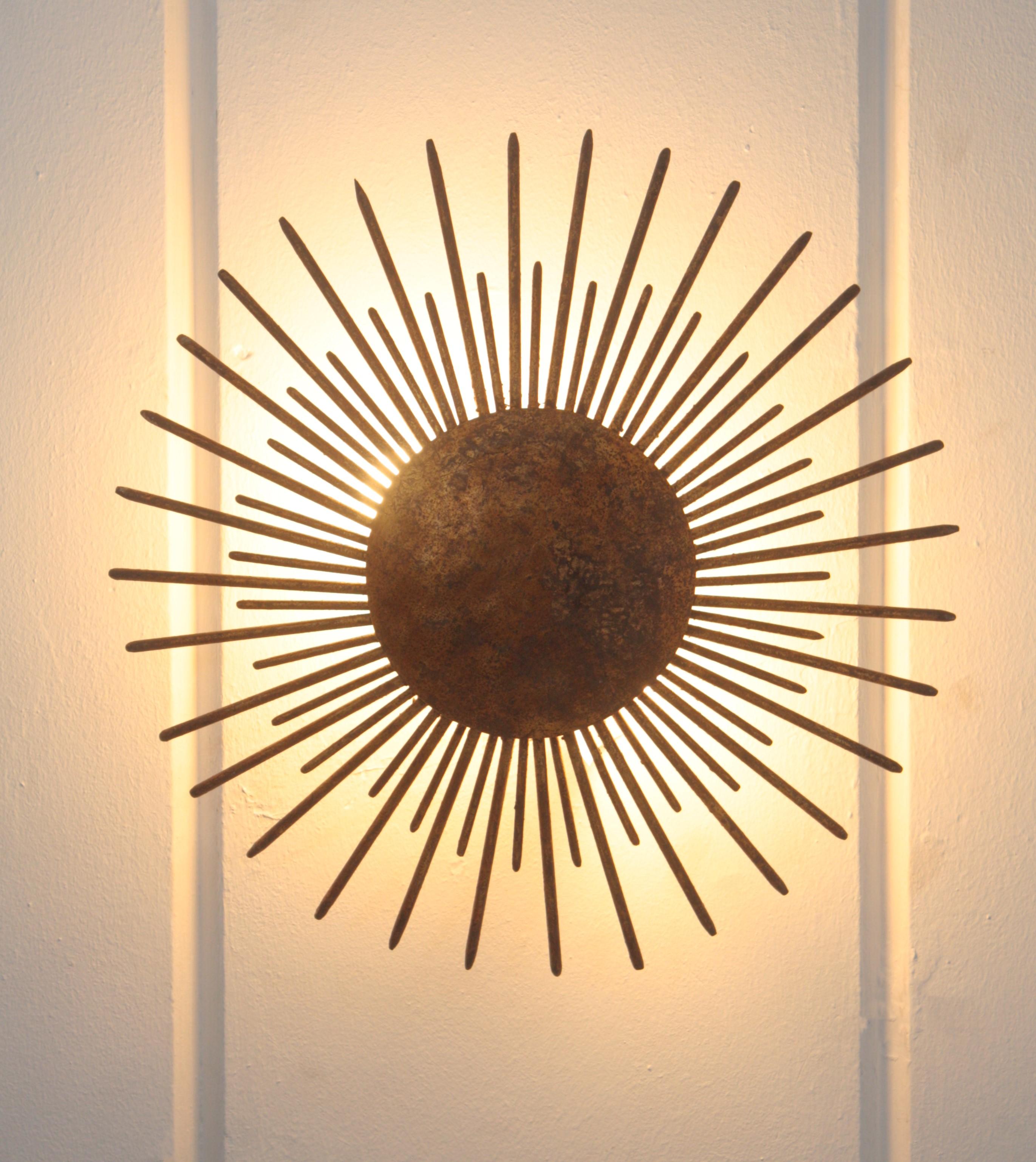 Fench Sunburst Ceiling Light Fixture / Pendant, Gilt Wrought Iron, 1940s 10