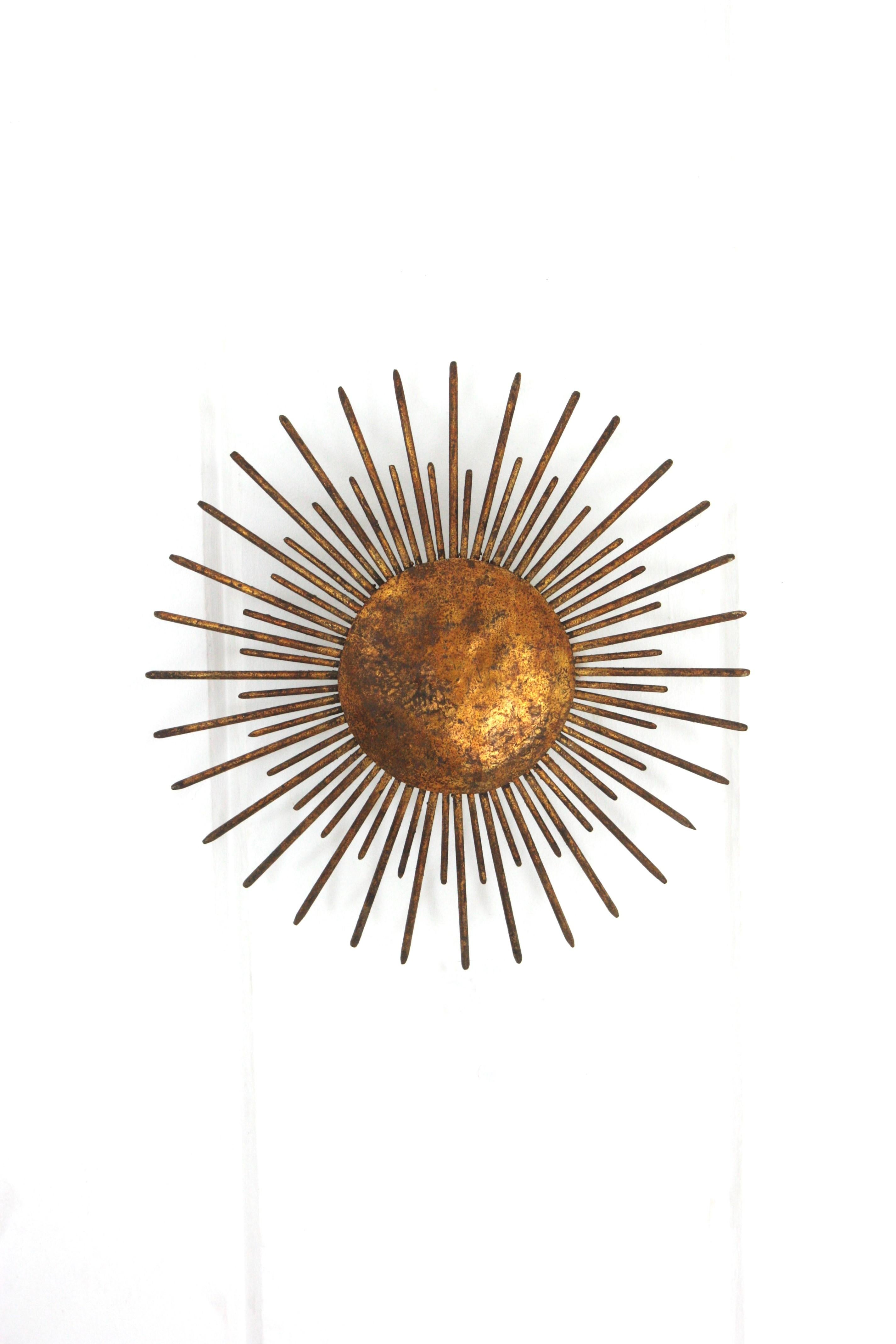 Fench Sunburst Ceiling Light Fixture / Pendant, Gilt Wrought Iron, 1940s 11