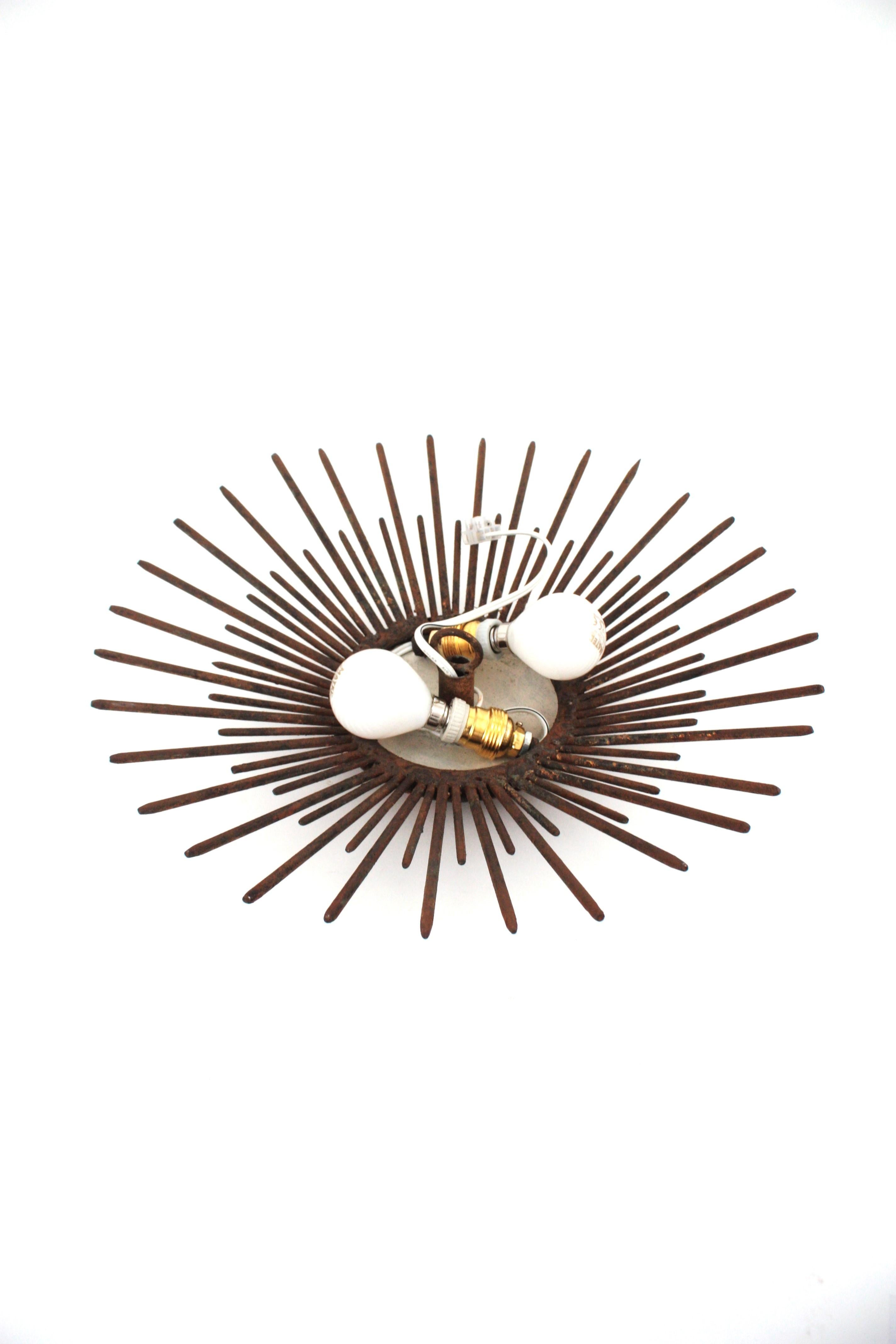 Fench Sunburst Ceiling Light Fixture / Pendant, Gilt Wrought Iron, 1940s 12