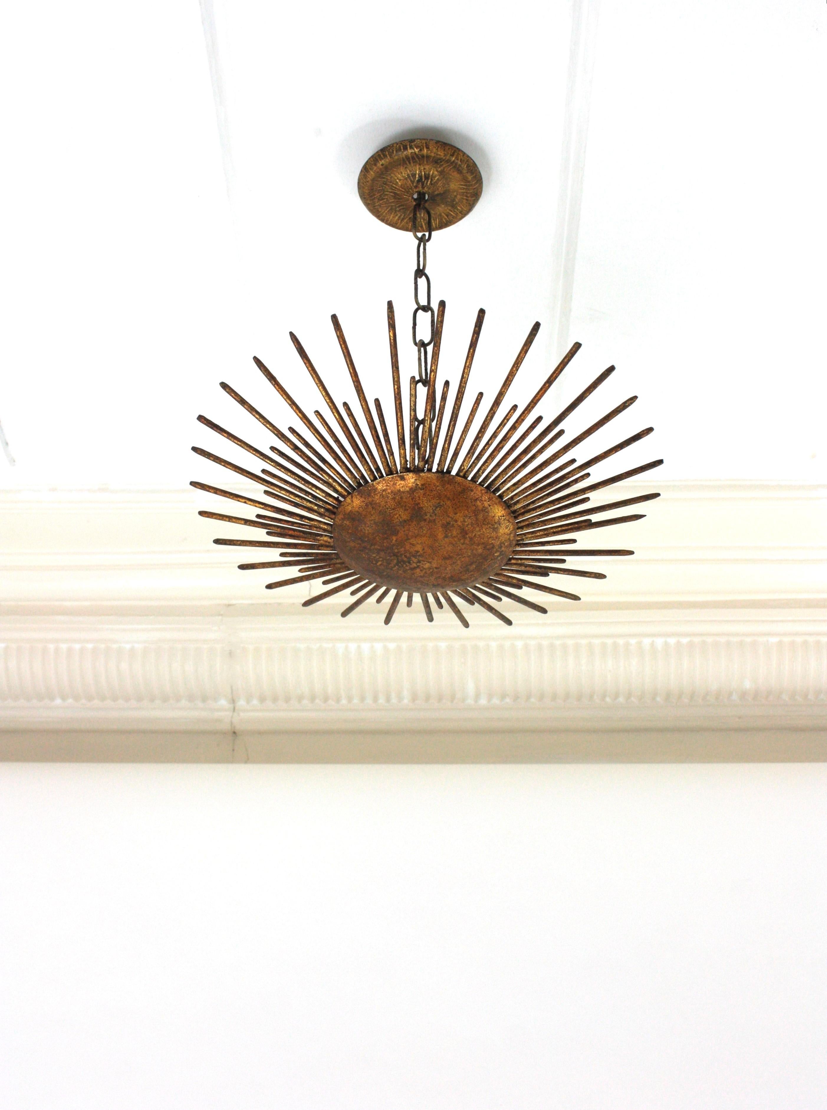 Fench Sunburst Ceiling Light Fixture / Pendant, Gilt Wrought Iron, 1940s 13