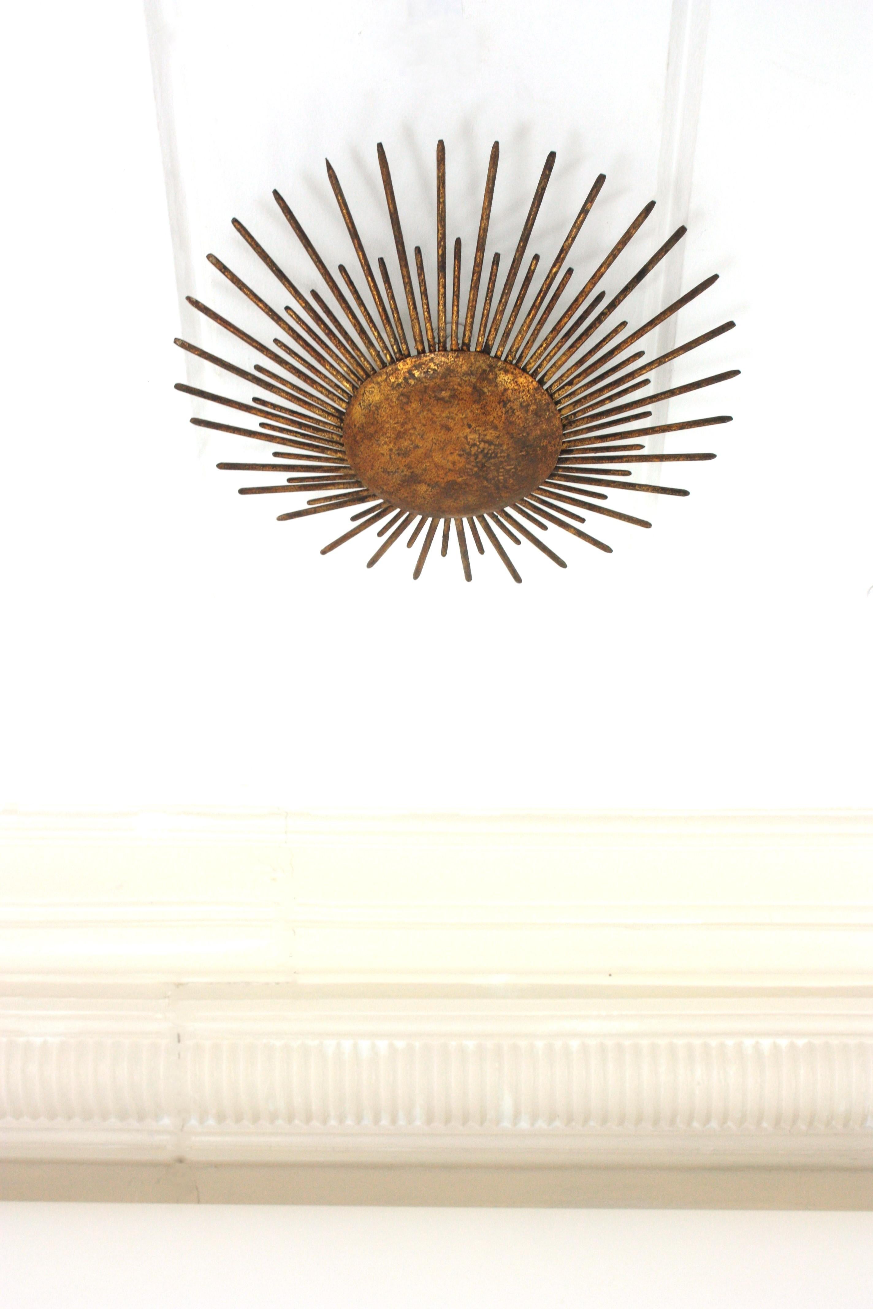 French Fench Sunburst Ceiling Light Fixture / Pendant, Gilt Wrought Iron, 1940s