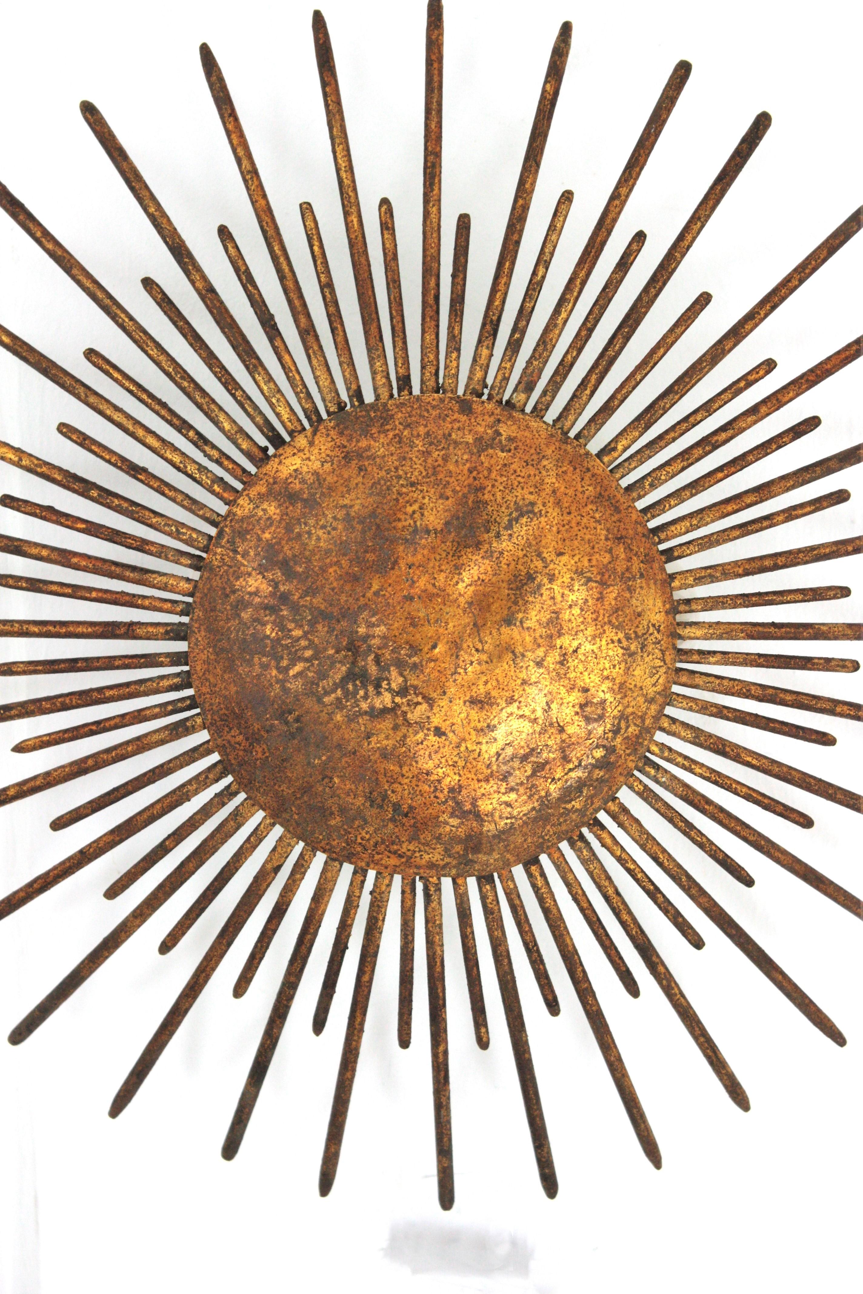 20th Century Fench Sunburst Ceiling Light Fixture / Pendant, Gilt Wrought Iron, 1940s