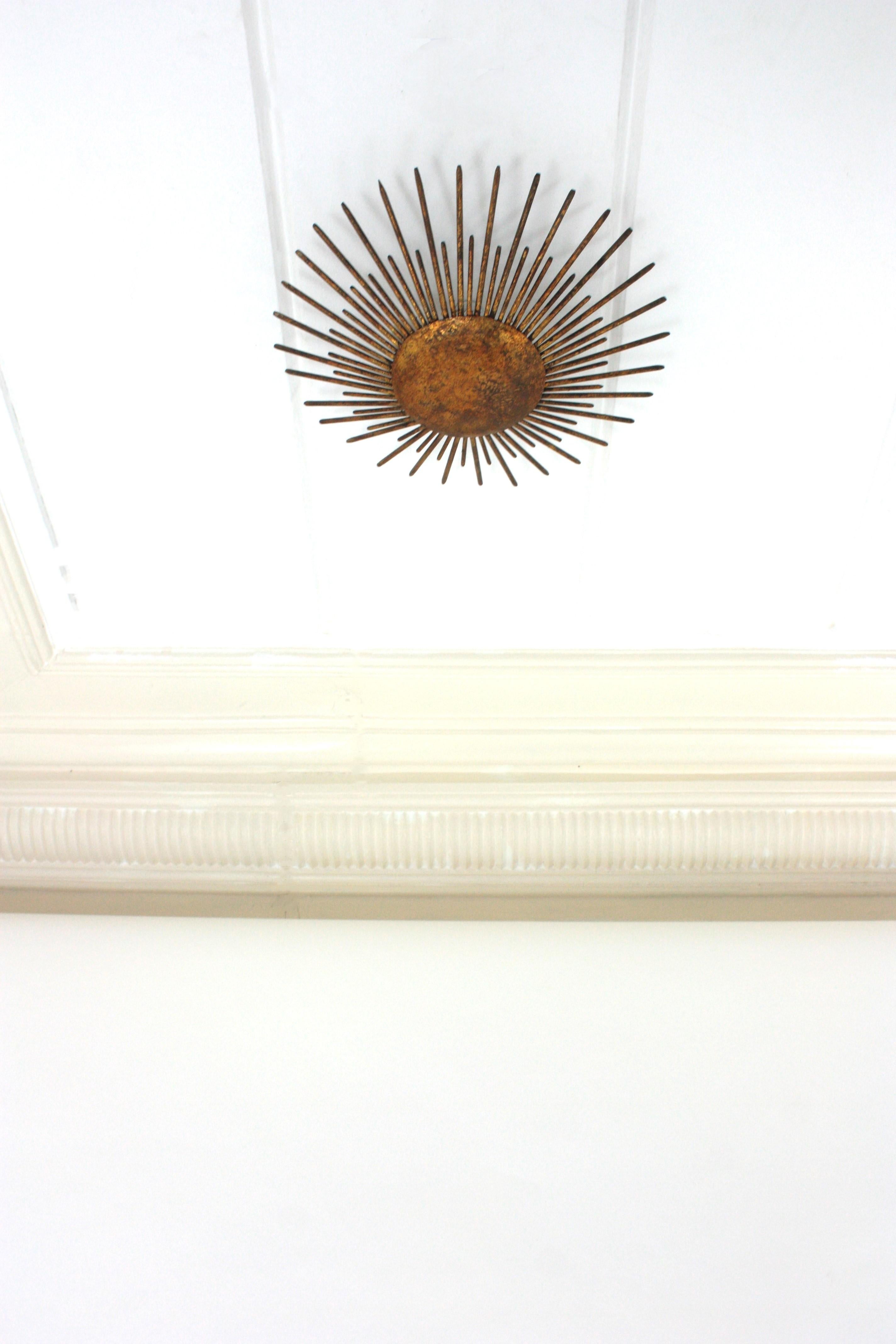 Fench Sunburst Ceiling Light Fixture / Pendant, Gilt Wrought Iron, 1940s 1