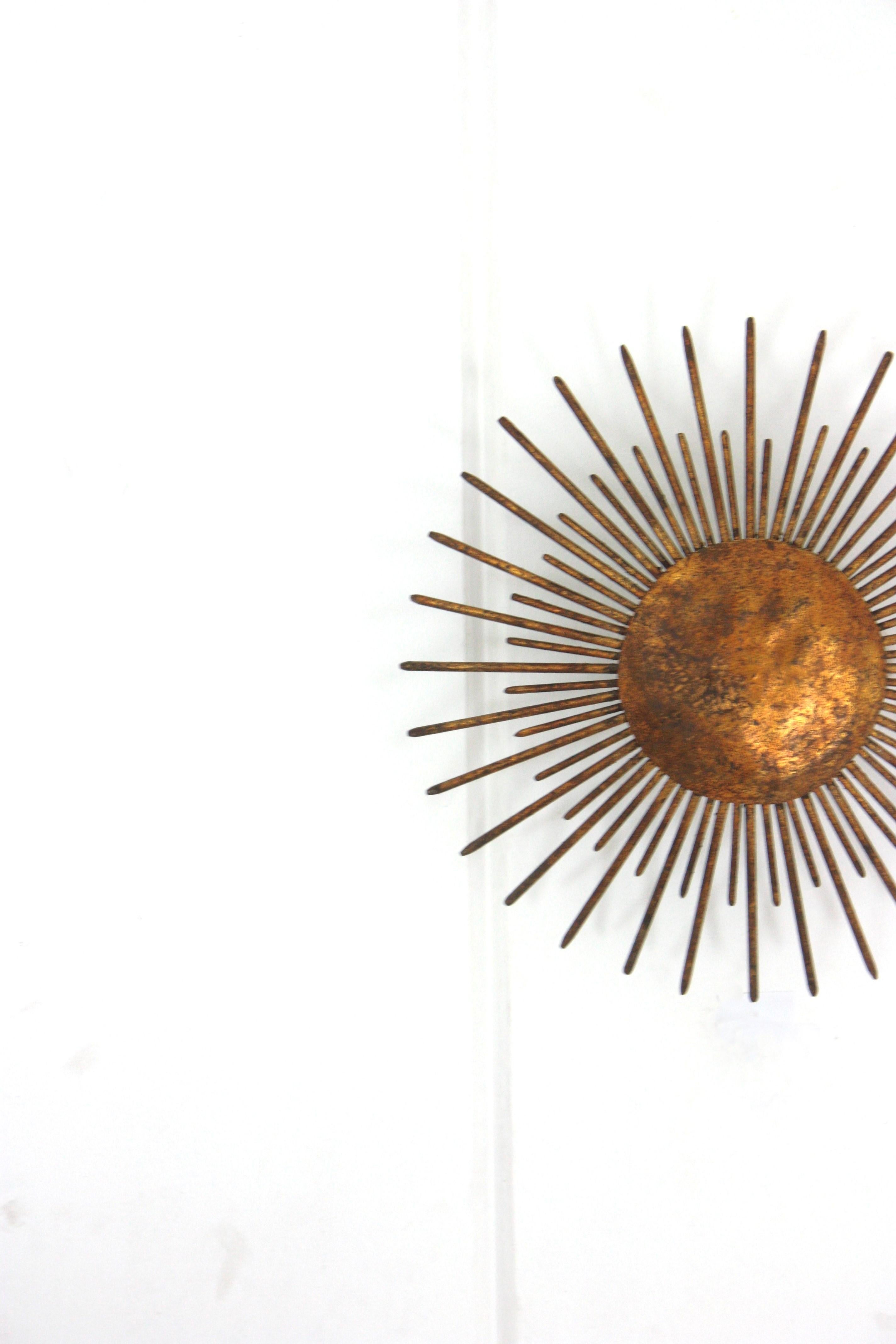 Fench Sunburst Ceiling Light Fixture / Pendant, Gilt Wrought Iron, 1940s 2