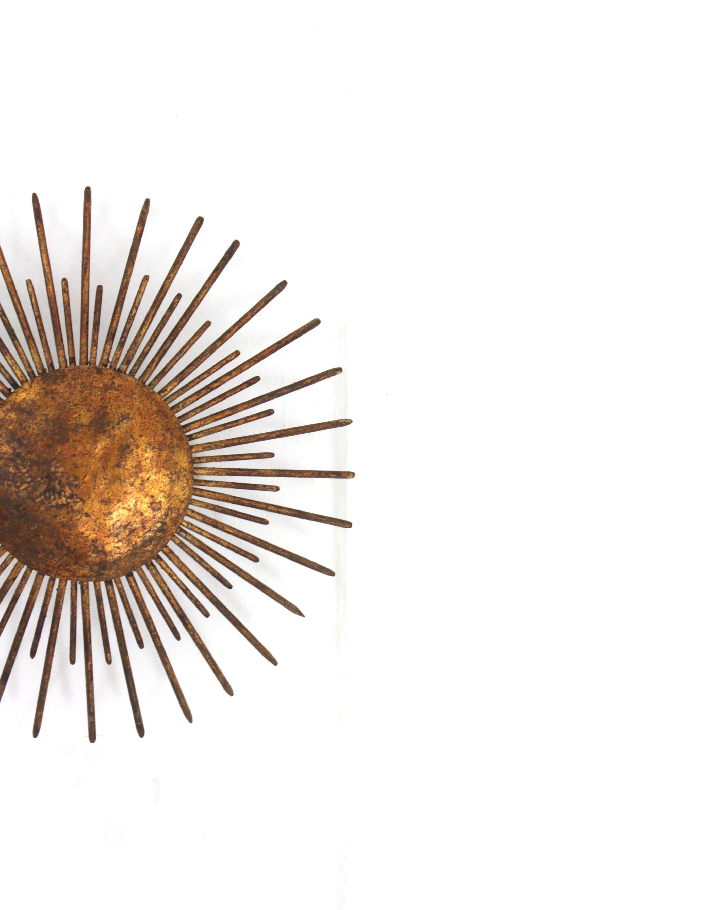 Fench Sunburst Ceiling Light Fixture / Pendant, Gilt Wrought Iron, 1940s 3