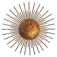 Fench Sunburst Ceiling Light Fixture / Pendant, Gilt Wrought Iron, 1940s