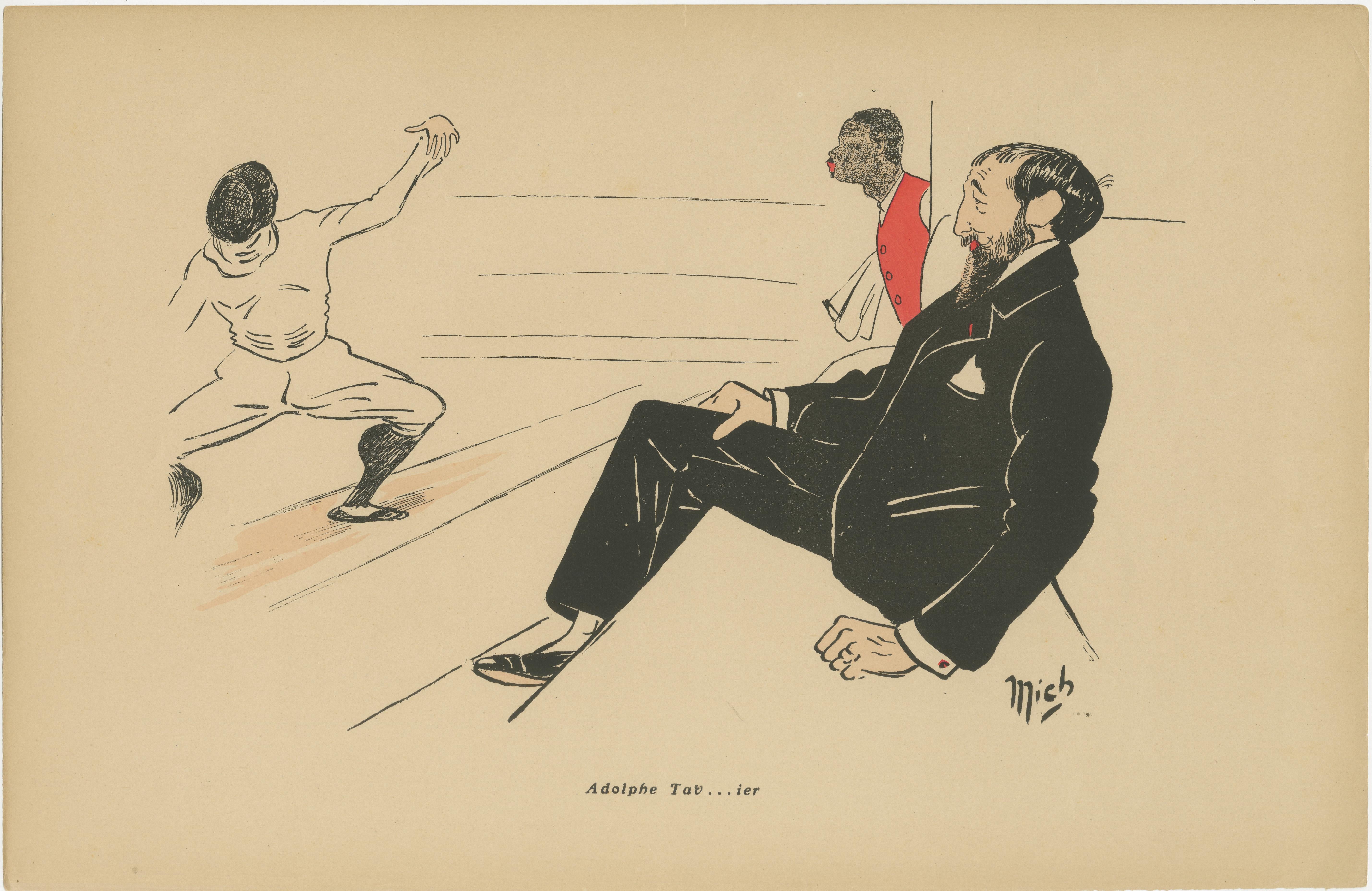 Caricatura de esgrima de Adolphe Tavernier por Mich, París 1907 en venta 1