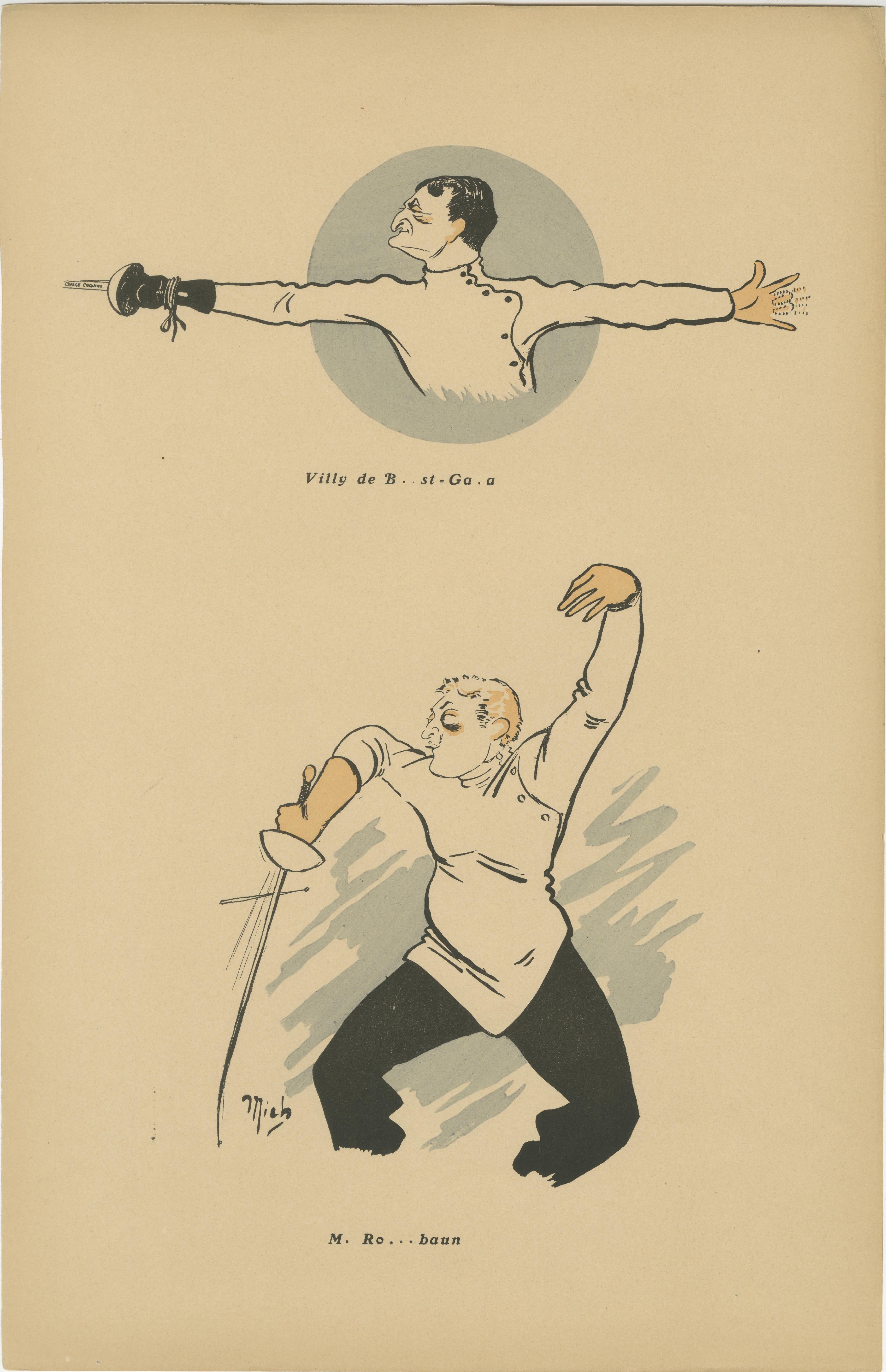 Caricaturas de esgrima de Mich, París 1907 - Expresiva sátira de la Belle Époque

Descripción:
Este sorprendente tríptico de litografías caricaturescas del célebre artista Mich fue creado en 1907 como parte de la serie humorística de temática
