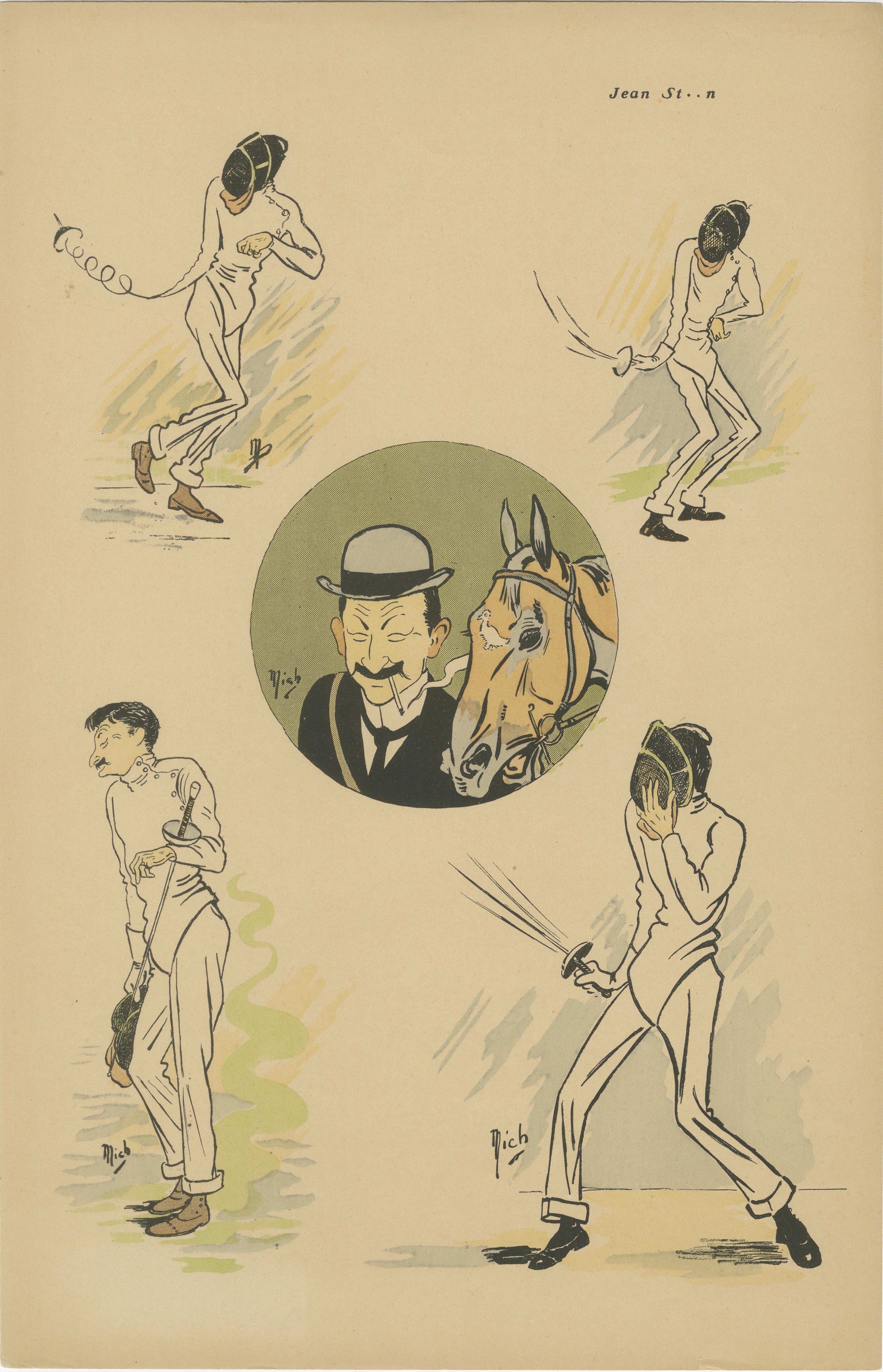 Aquí tienes un listado completo de esta recopilación de tres impresiones:

---
Caricaturas de esgrima de Mich, París 1907 - Serie humorística Belle Époque

Descripción:
Esta deliciosa recopilación de litografías caricaturescas fue creada por el