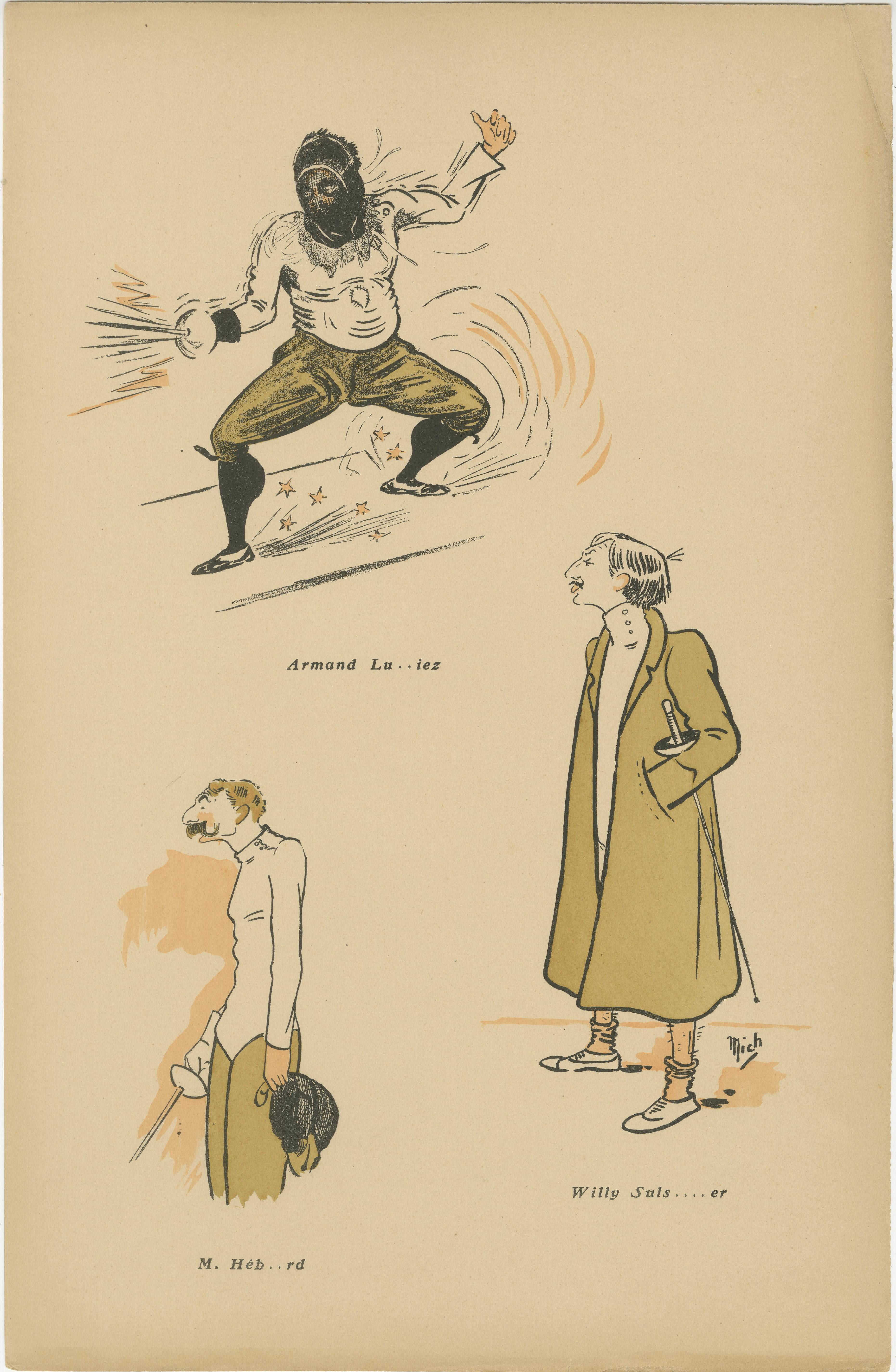 Caricaturas de esgrima de Mich, París 1907 - Serie humorística Belle Époque principios del siglo XX en venta