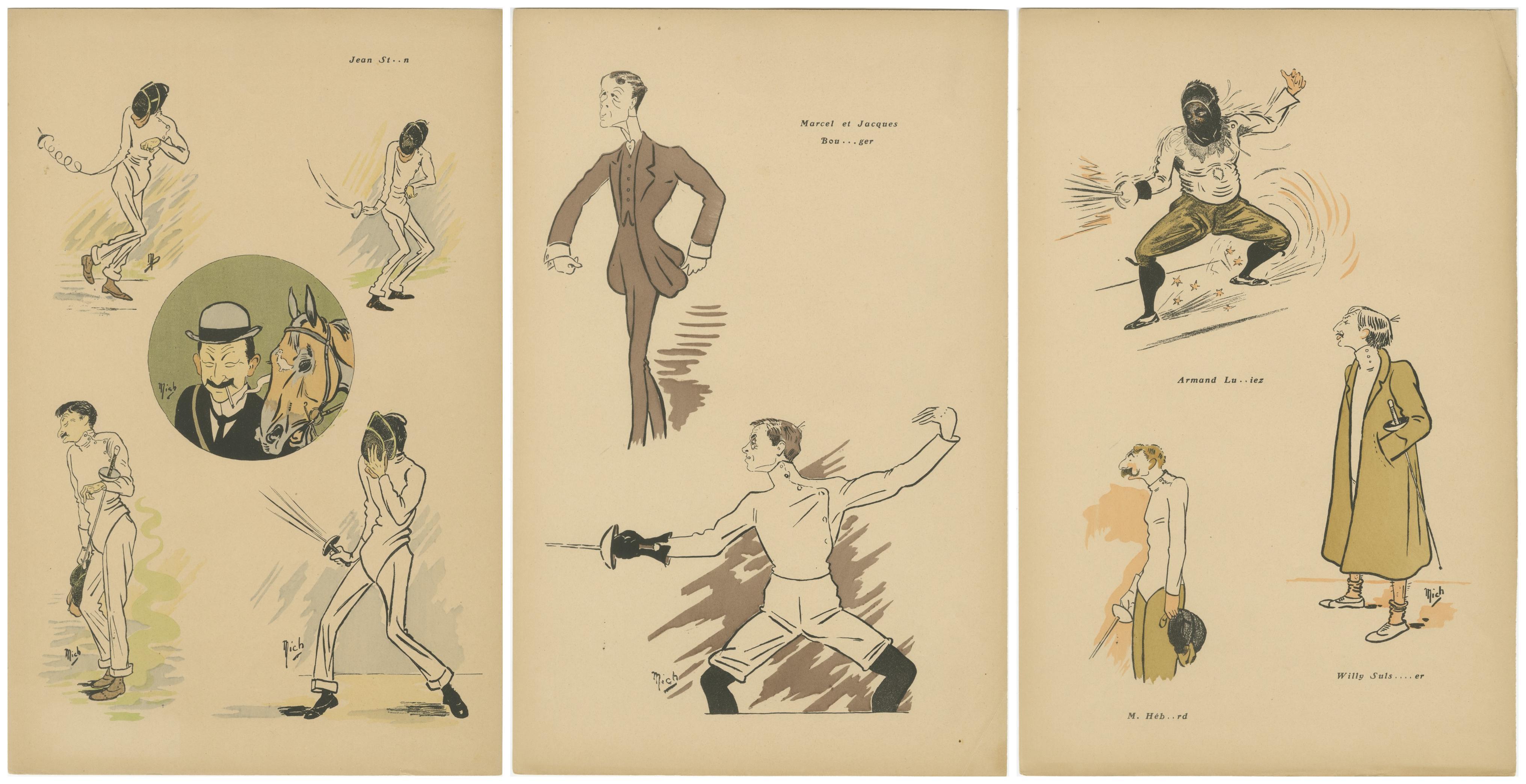 Caricaturas de esgrima de Mich, París 1907 - Serie humorística Belle Époque Papel en venta