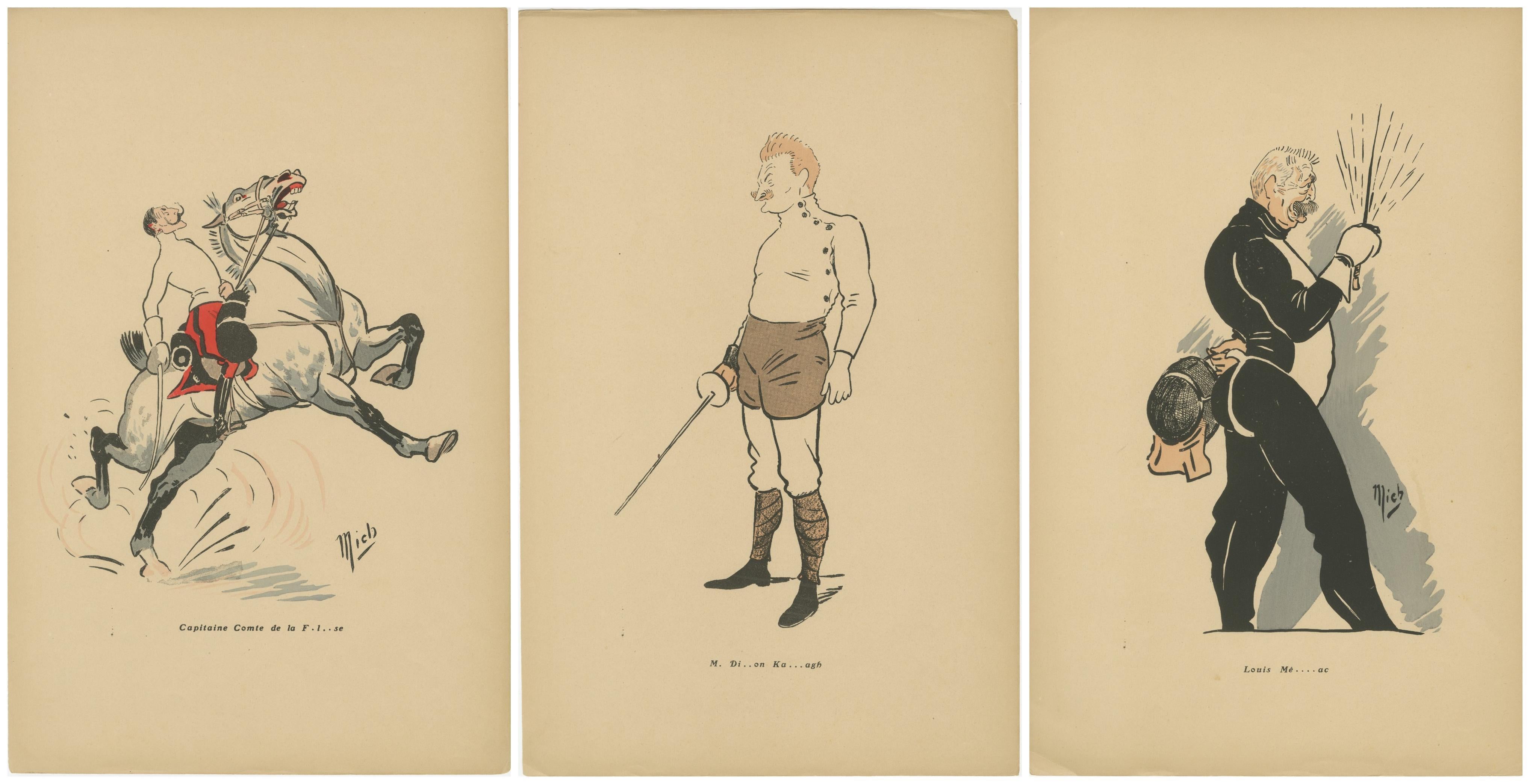 Fencing Caricatures by Mich, Paris 1907 - Silhouettes and Caricatures Papel en venta
