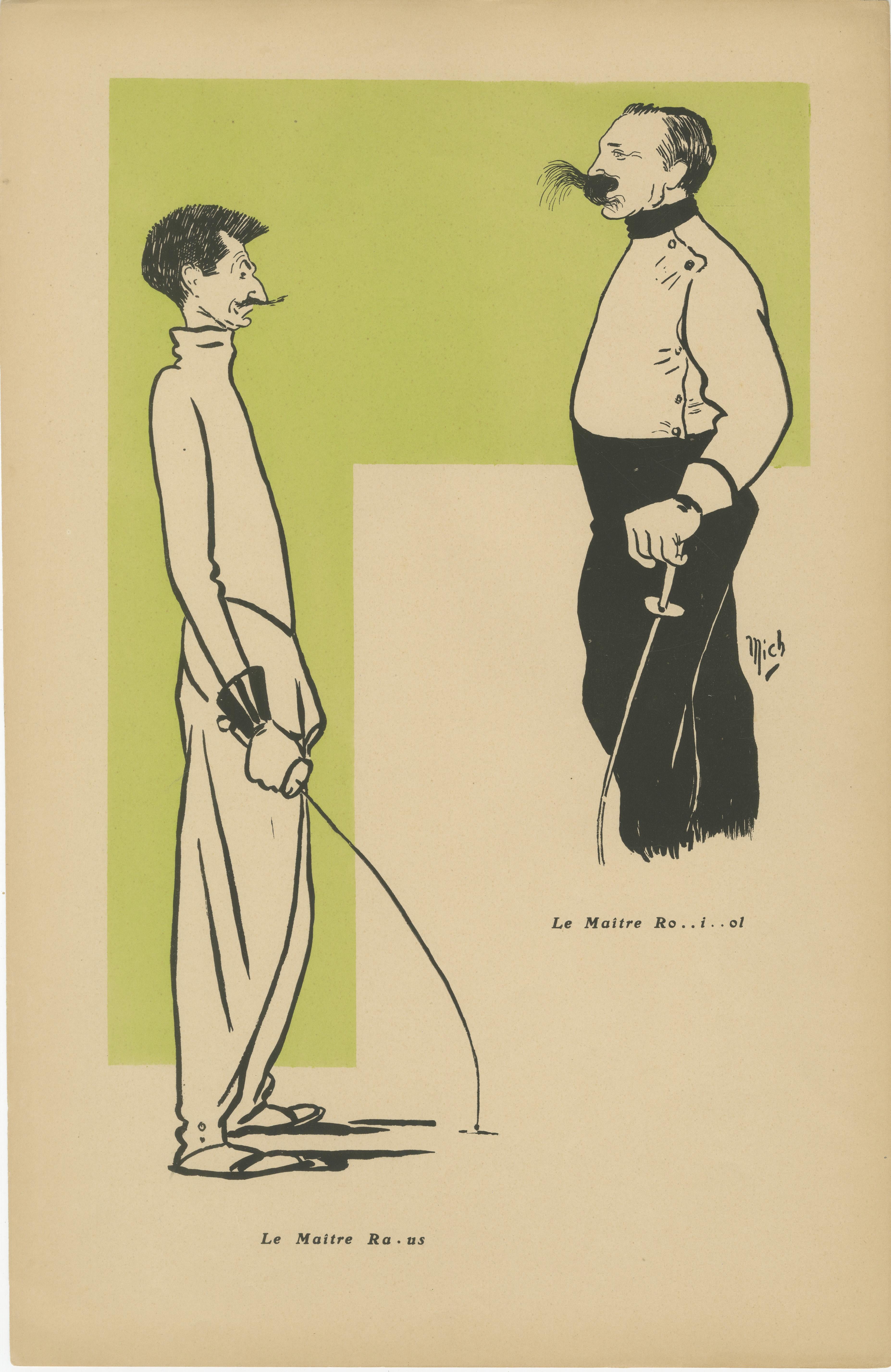 Maestros y alumnos de esgrima de Mich, París 1907 - Caricaturas de la Belle Époque

Descripción:
Este cautivador conjunto de litografías caricaturescas del célebre artista Mich se publicó en París en 1907 como parte de la colección *A nous touchés,