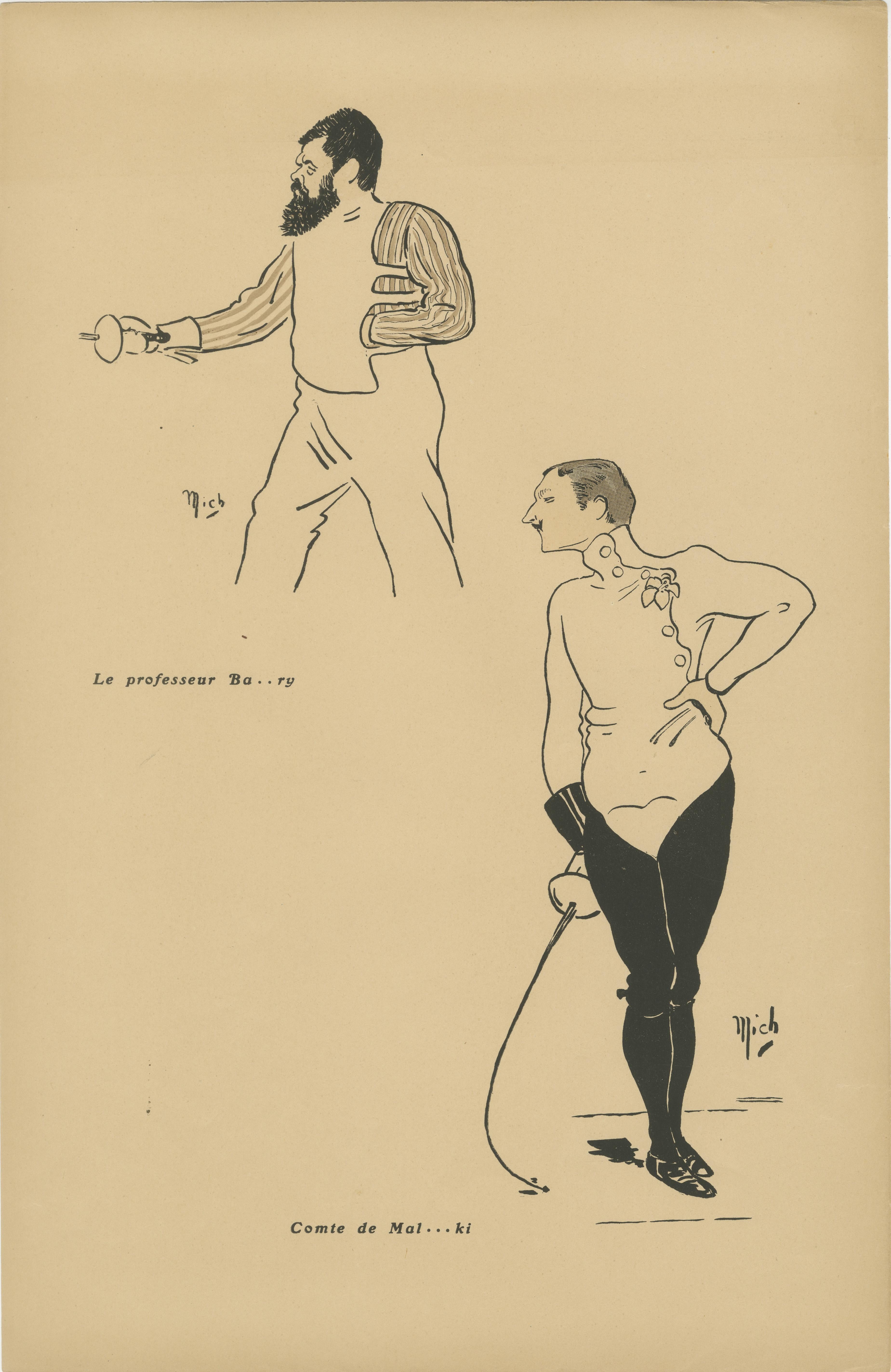 Maestros y alumnos de esgrima de Mich, París 1907 - Caricaturas de la Belle Époque en Bueno estado para la venta en Langweer, NL