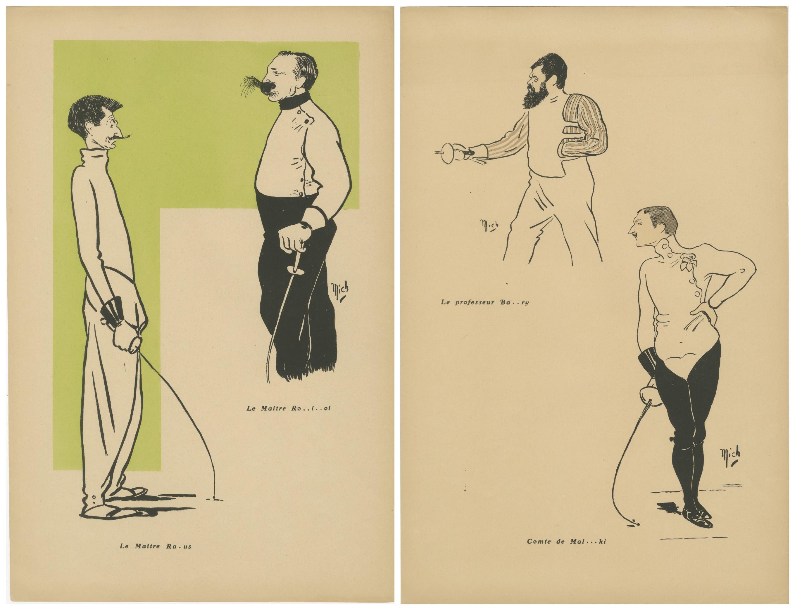 Maestros y alumnos de esgrima de Mich, París 1907 - Caricaturas de la Belle Époque principios del siglo XX en venta