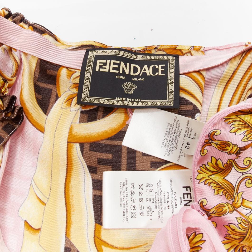FENDACE FENDI VERSACE 2022 Runway pink gold baroque Zucca side drape skirt IT42  For Sale 5